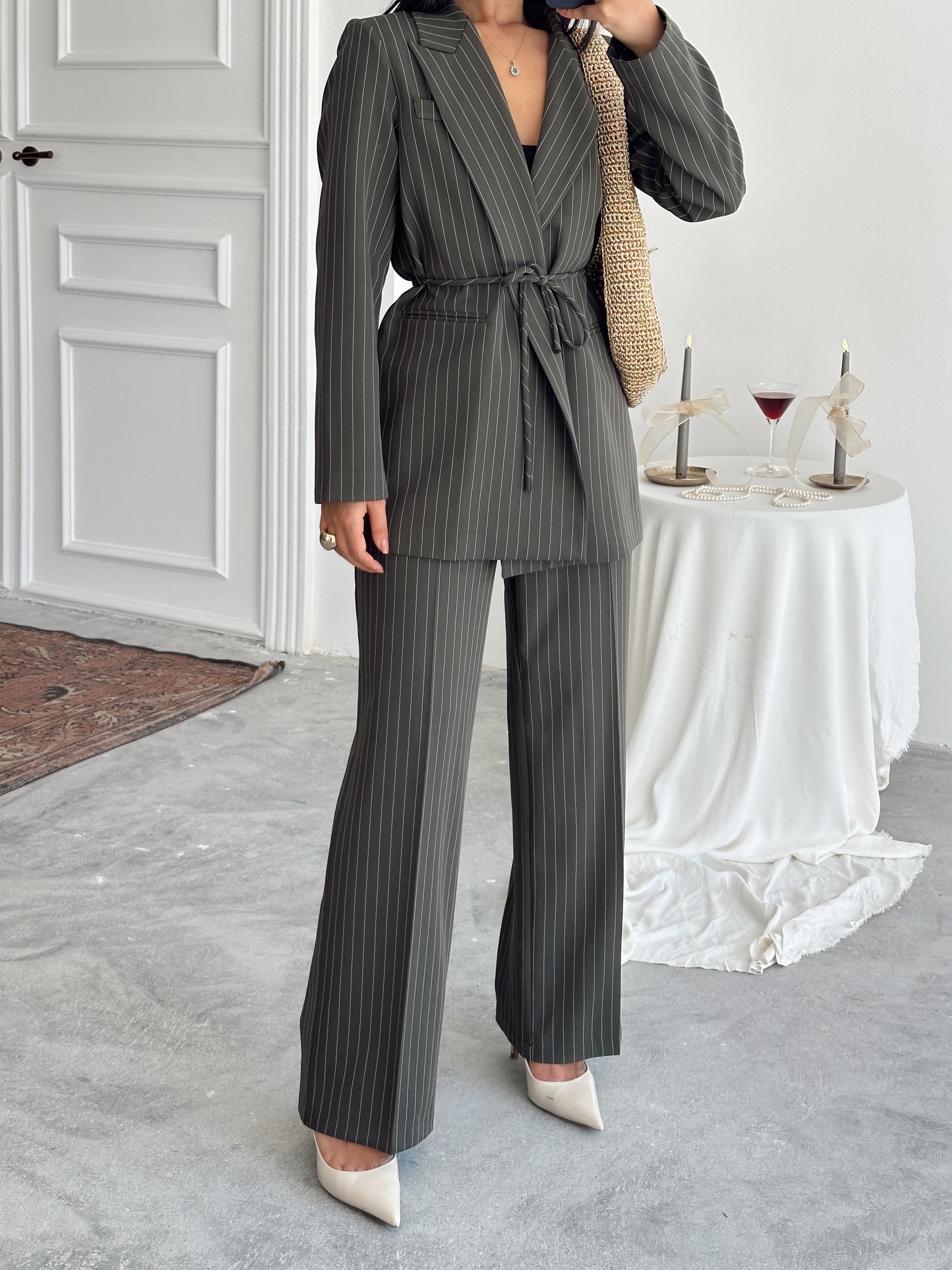 Bel Bağlama Line Blazer Ceket - Haki Yeşil