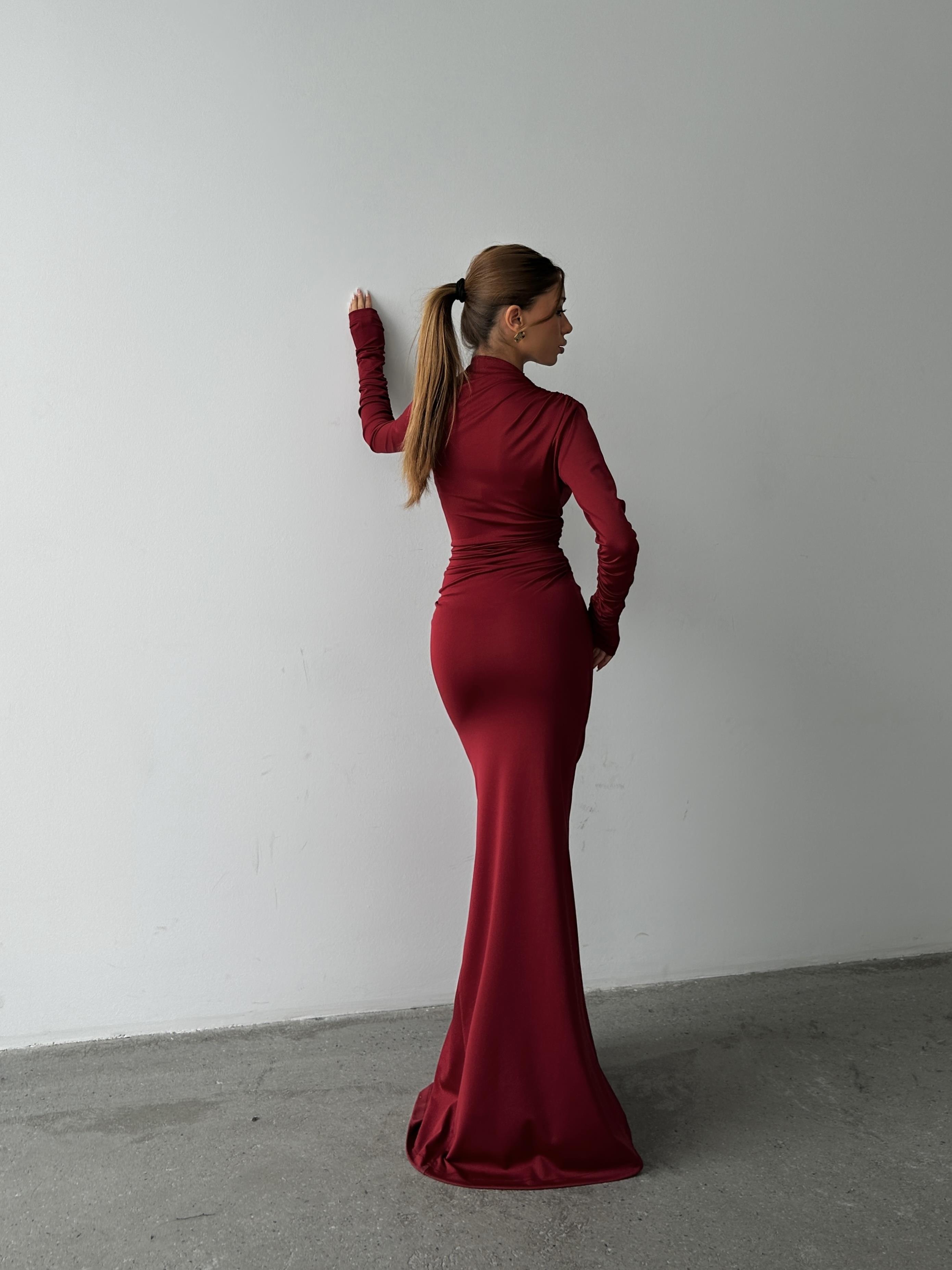 Drape Balıkçı Elbise Bordo