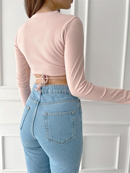 Bel İp Detay Fitilli Bluz Pudra Pembe
