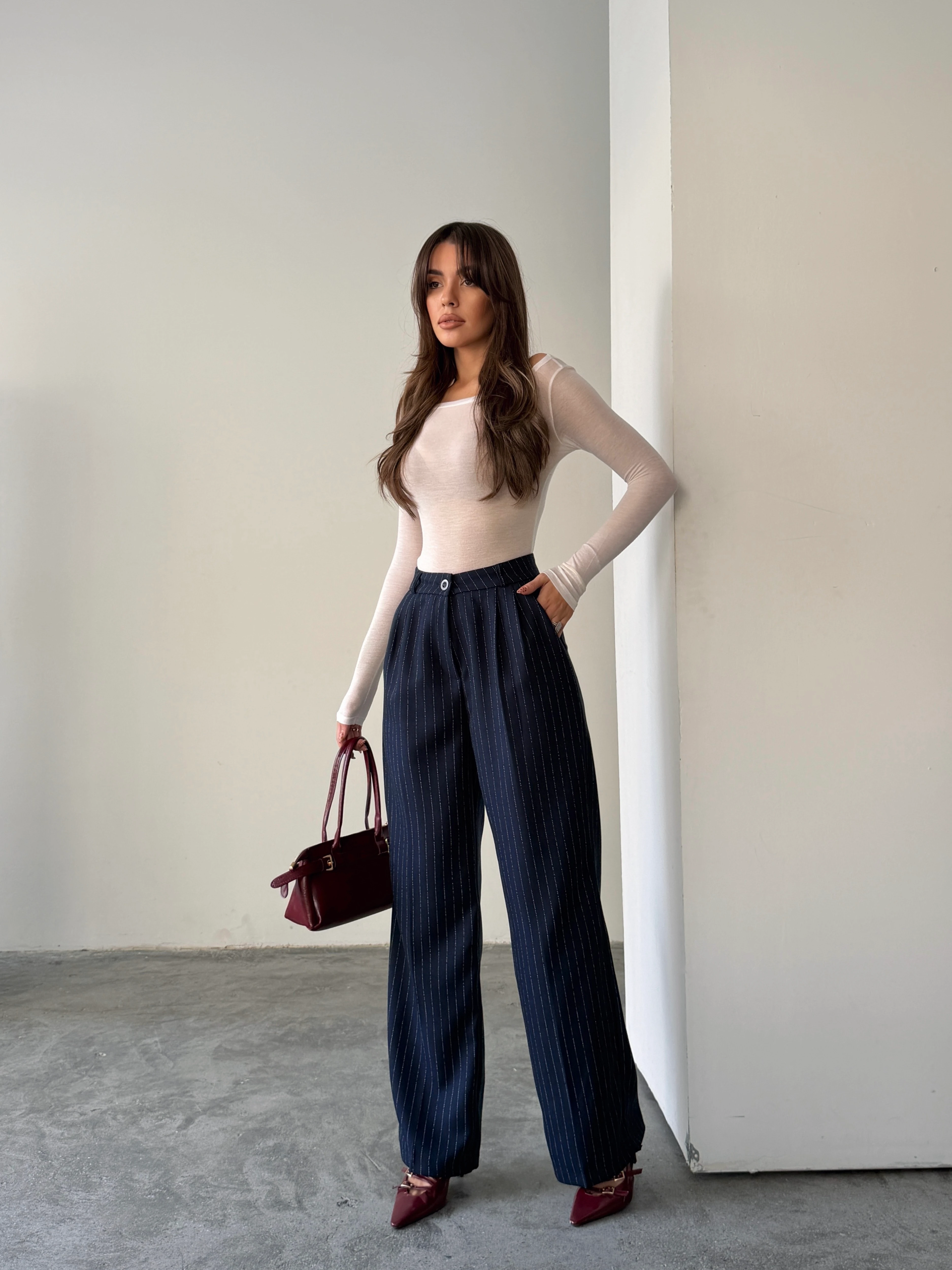 Yünefekt Çizgili Palazzo - Lacivert
