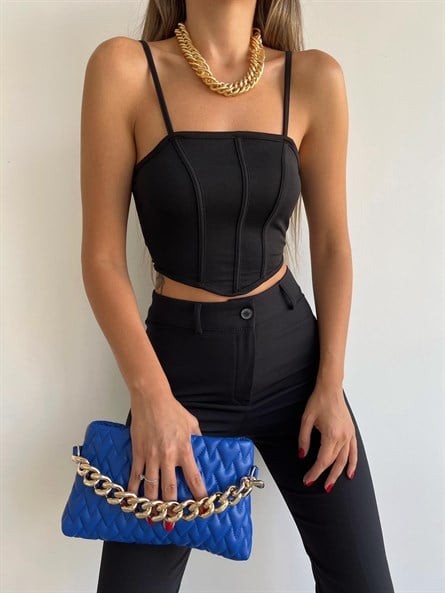 Sırt Fermuar Korse Askılı Crop Siyah