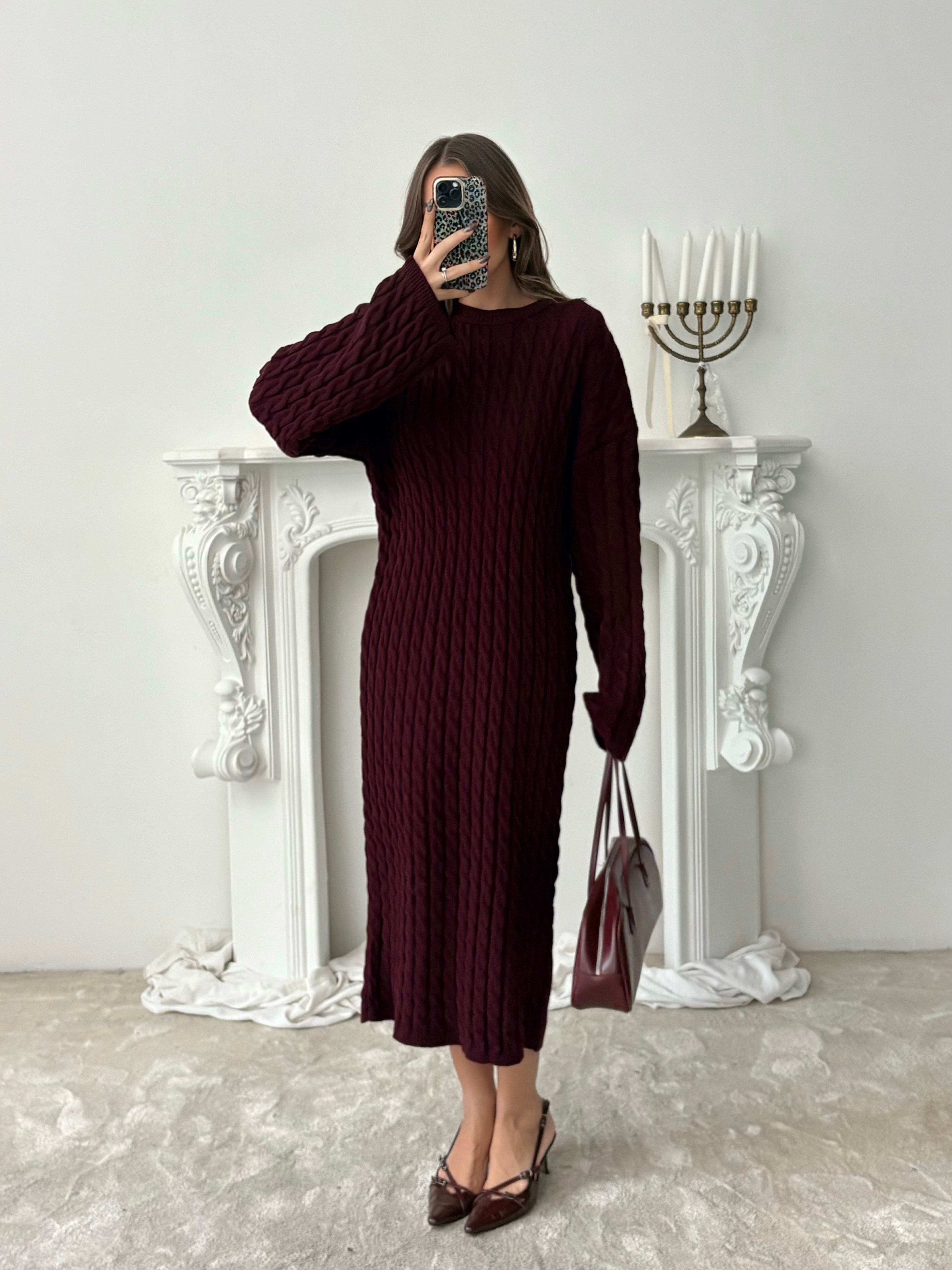 Saç Örgü Maxi Triko Elbise - Bordo