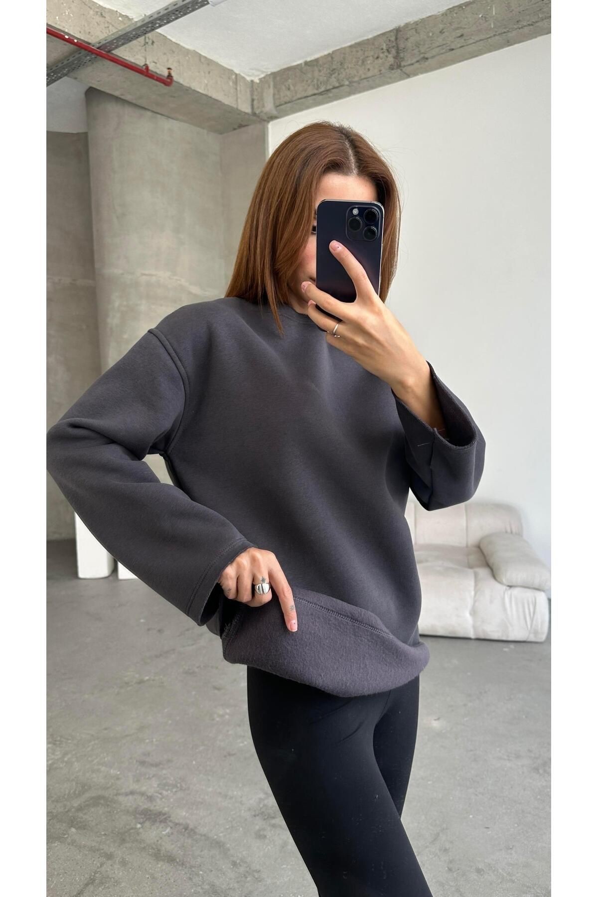 Şardonlu Basic Sweatshırt Füme