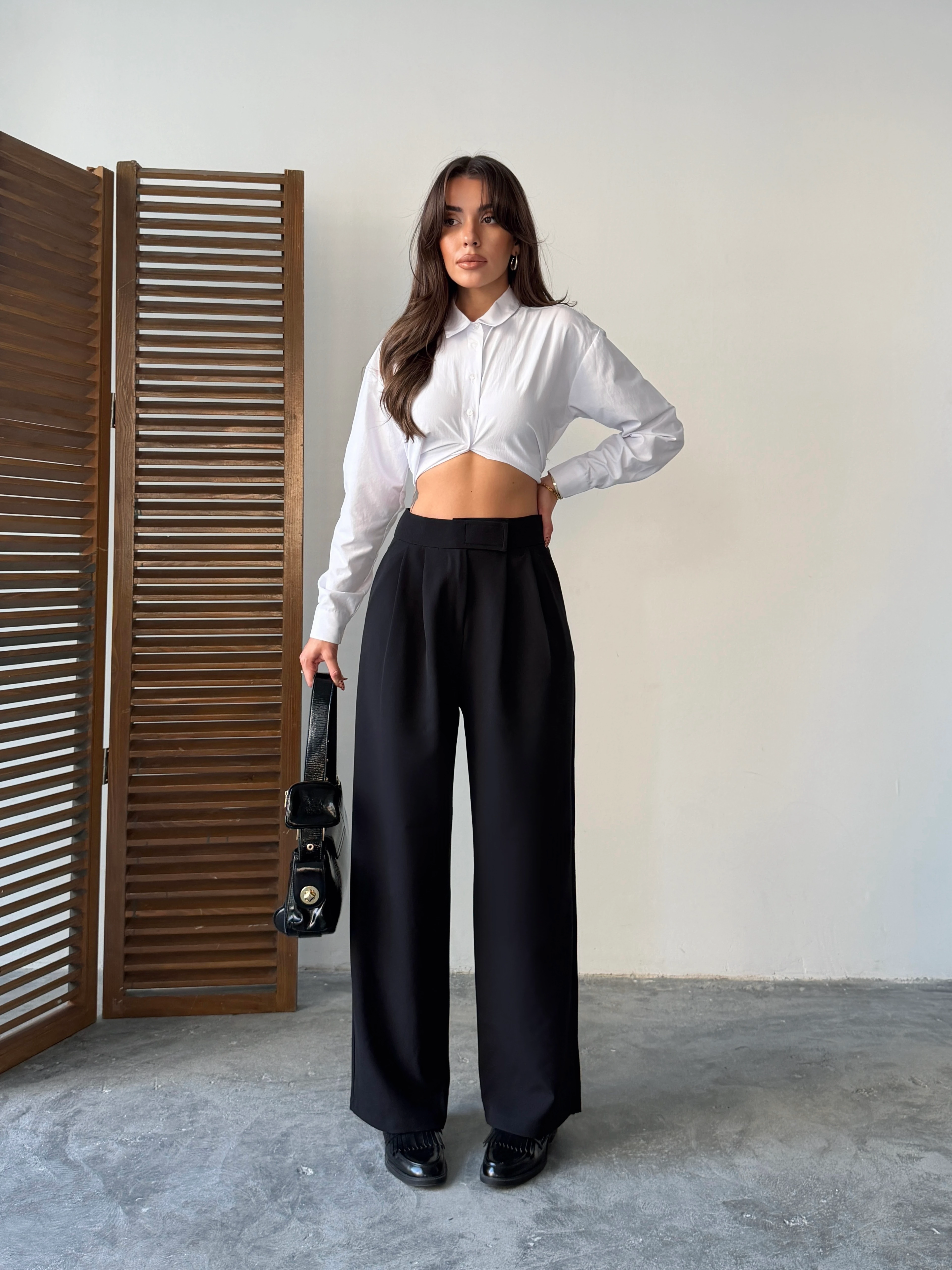 Bel Cırtlı Palazzo Pantolon  - Siyah