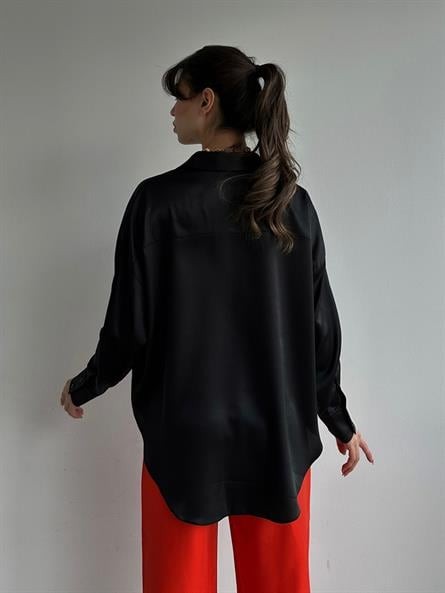 Oversize Saten Gömlek Siyah