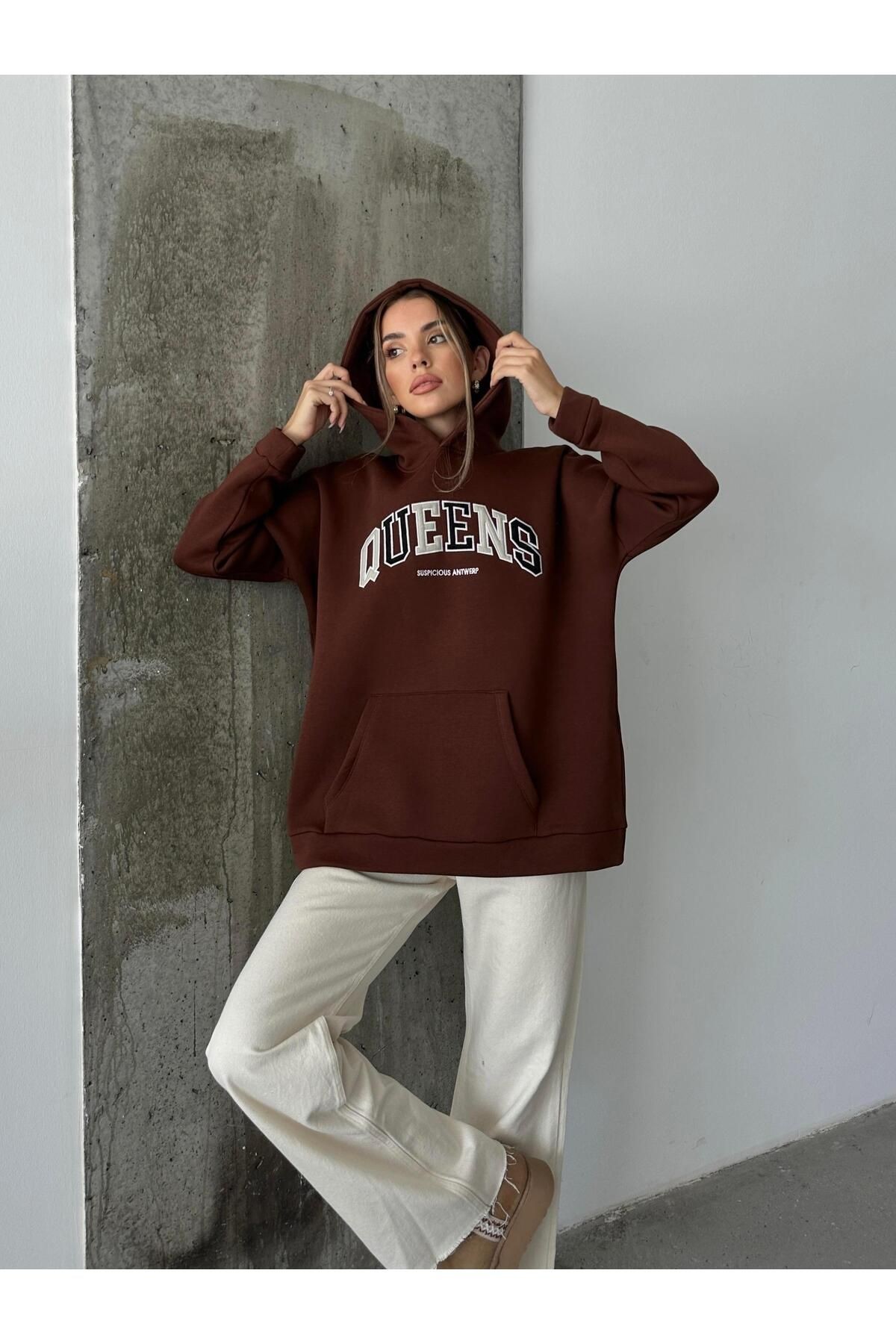 Queens Üç İplik Kapüşonlu Oversize Sweat Kahverengi