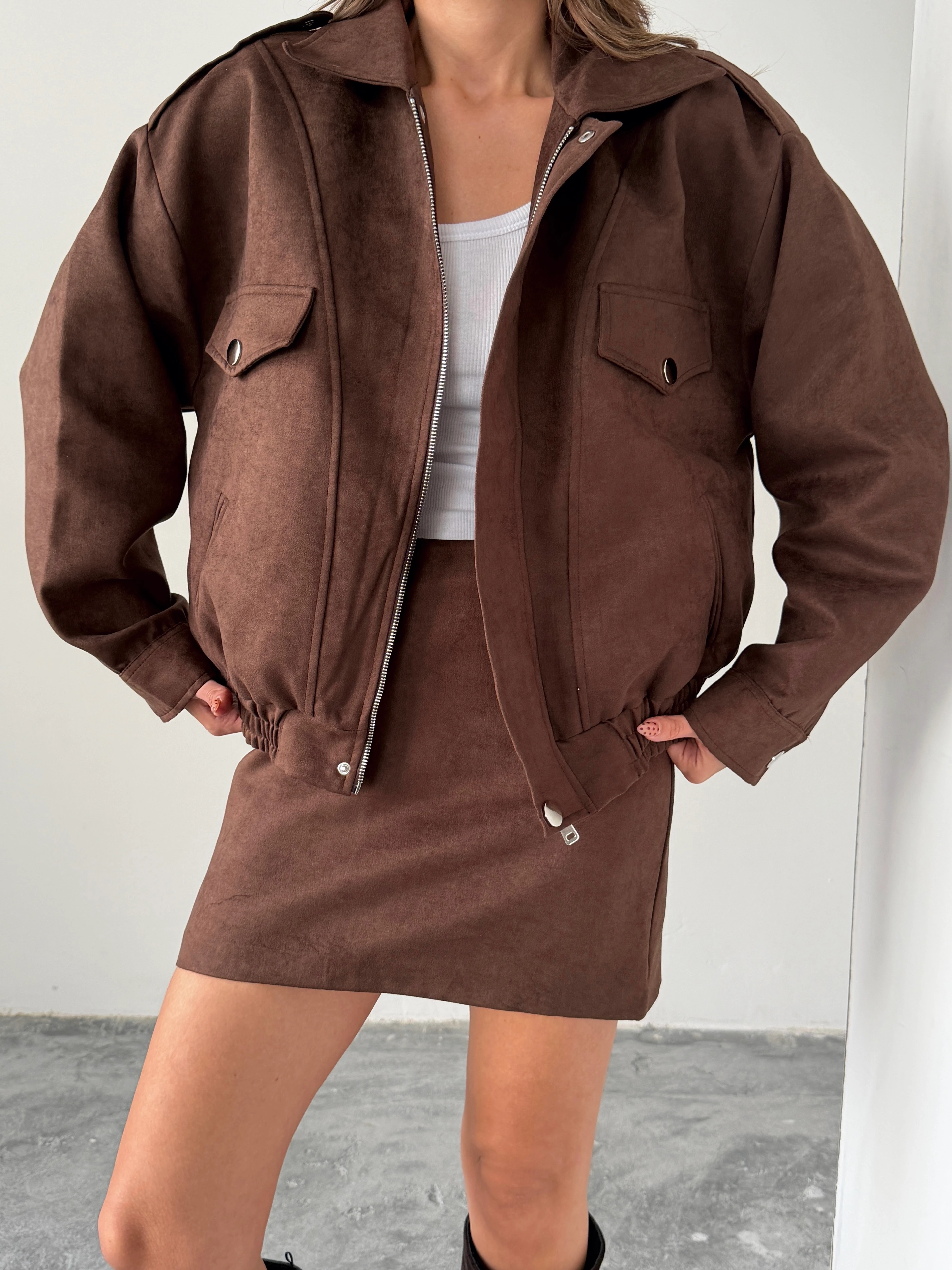 Süet Etek Ceket Takım  - Kahve