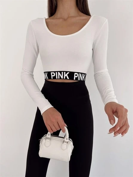 Geniş Yaka Fitilli Crop Bluz Beyaz