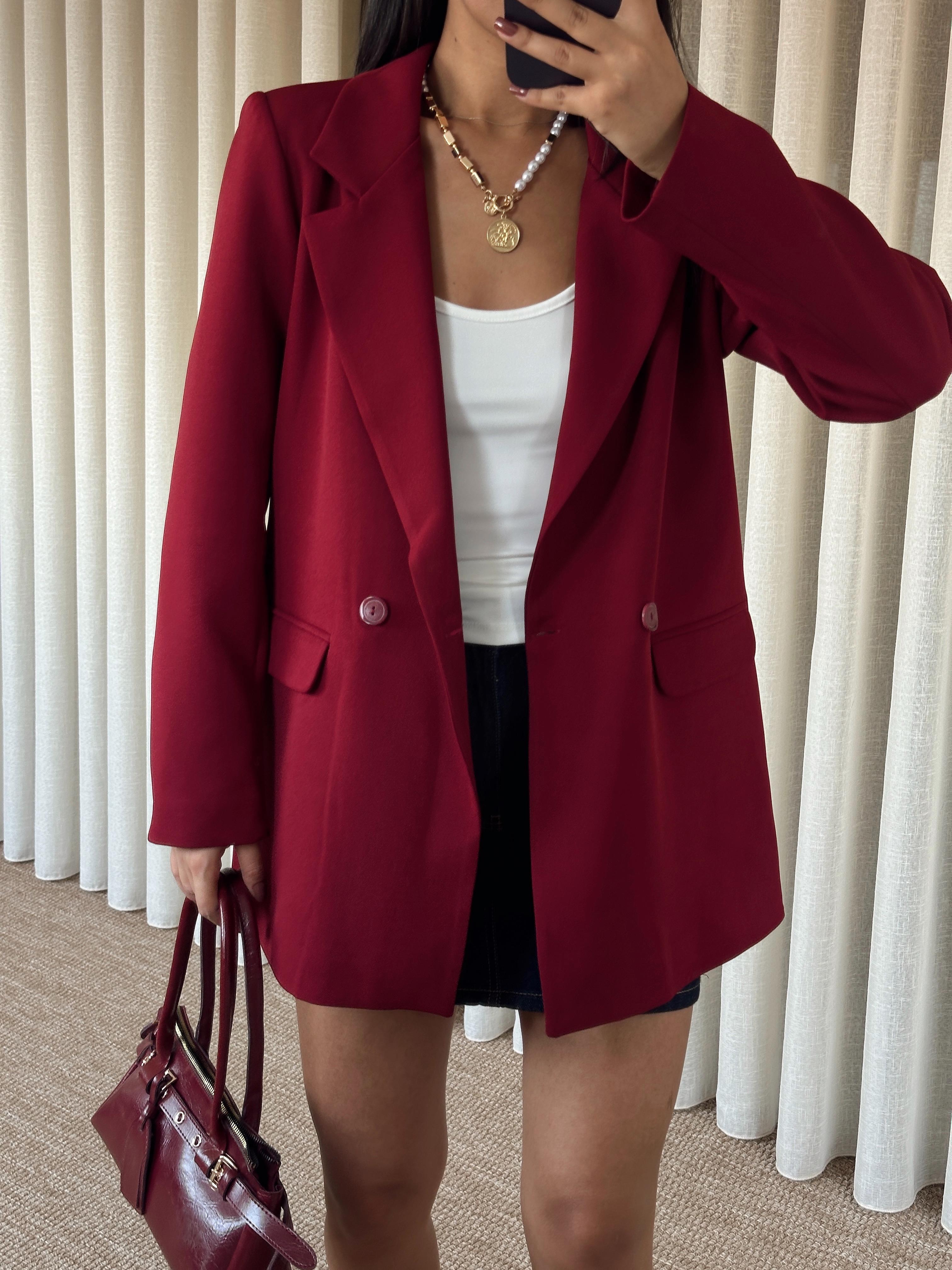 Çift Düğme Oversize Blazer  - Bordo