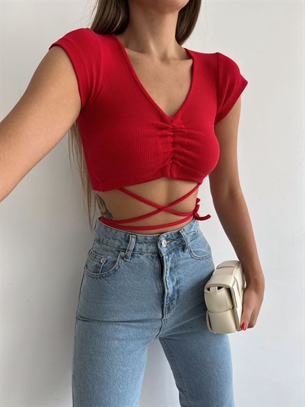 Bel İp Detay Büzgülü Crop Kırmızı