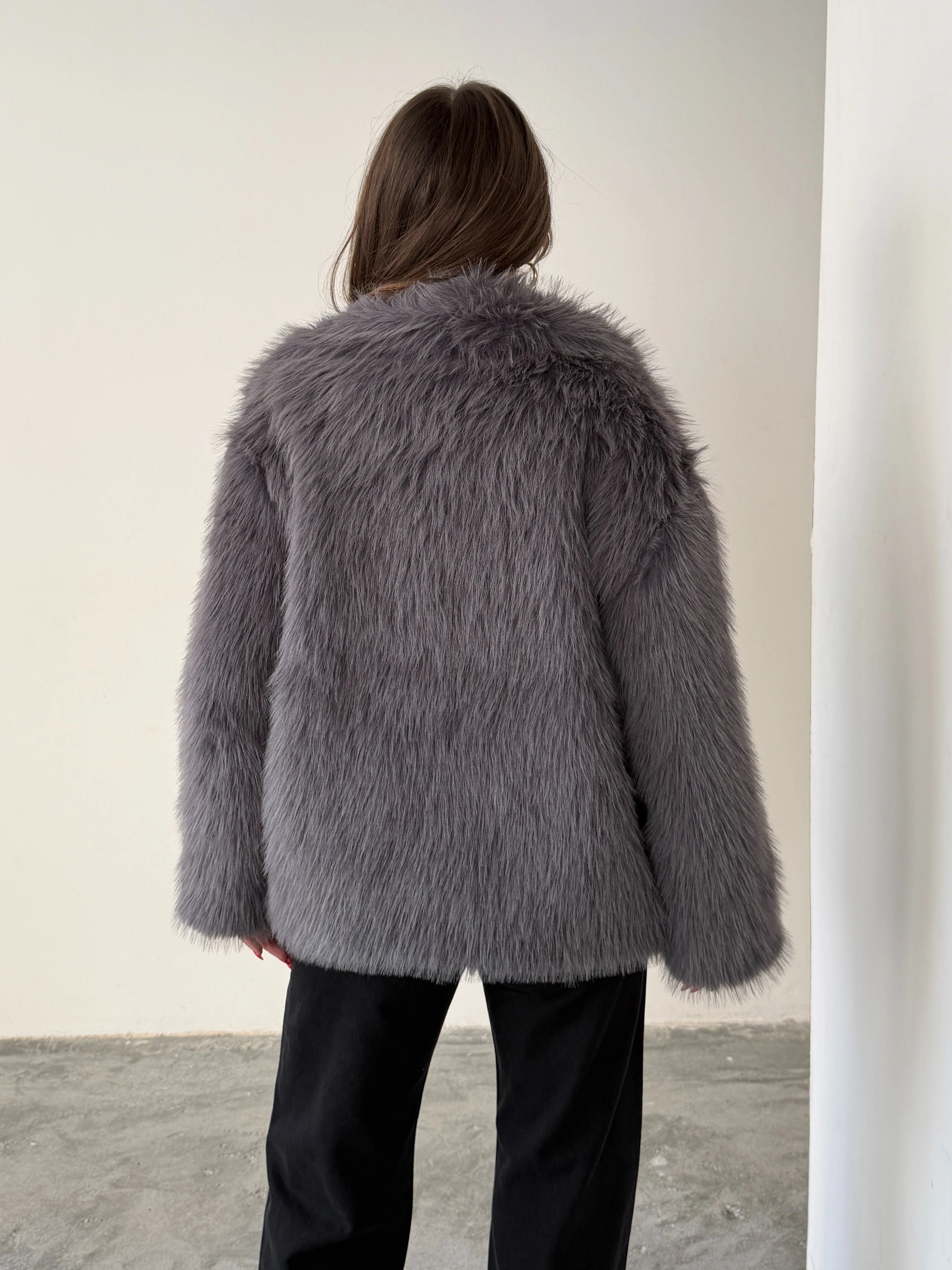 Çıtçıtlı Suni Kürk Ceket - Antrasit