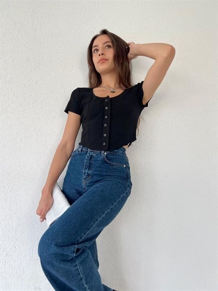 Düğmeli Fitilli Bluz Siyah