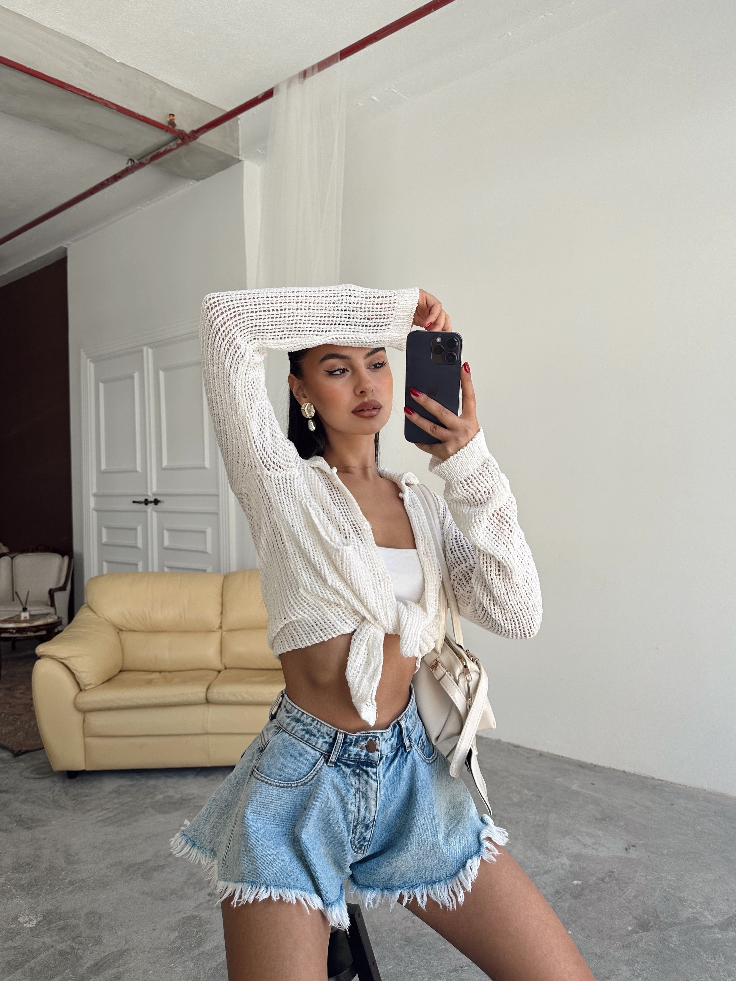 Elena Triko Ajur Hırka Ekru