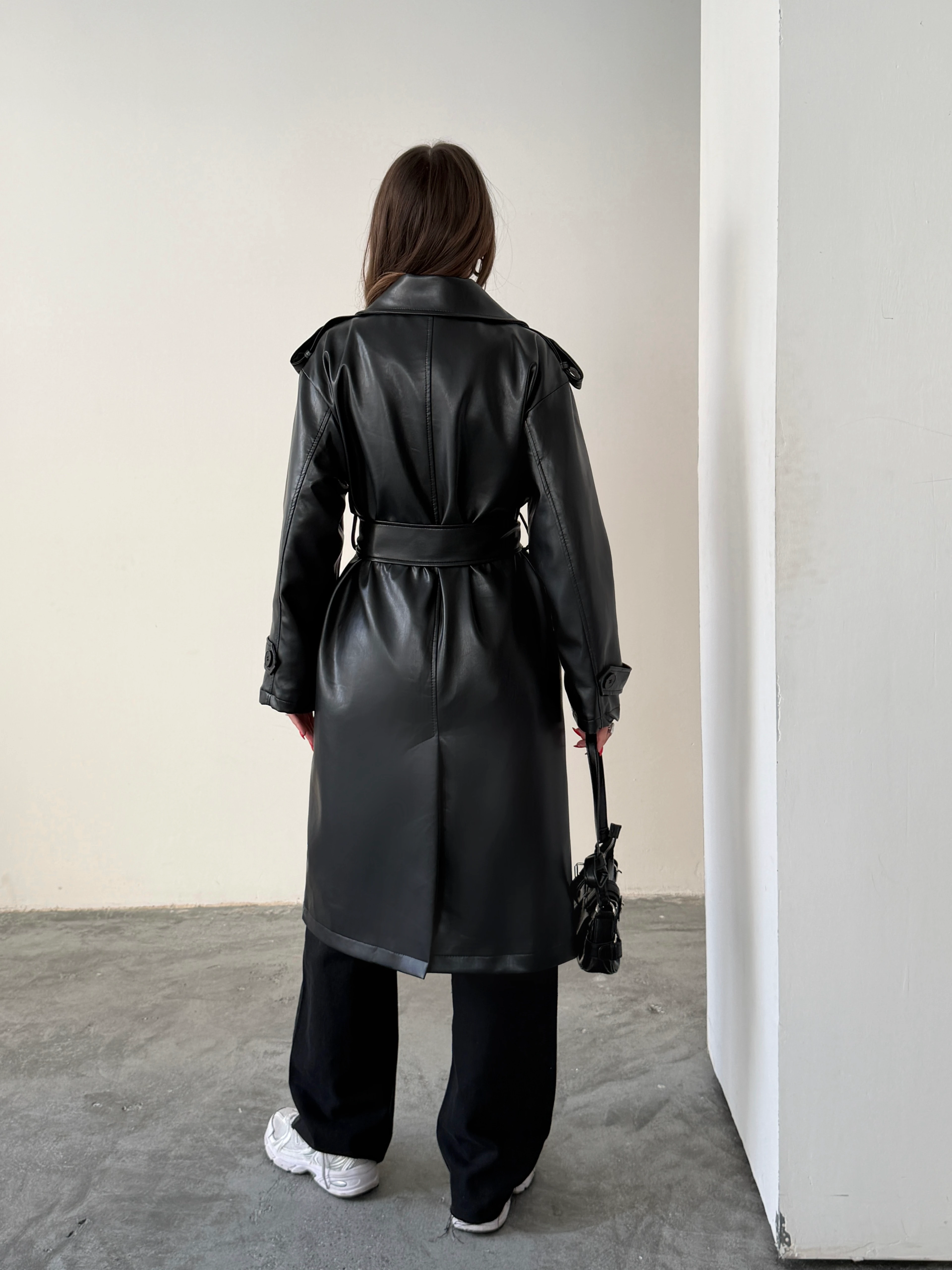 Apolet Detaylı Deri Trençkot - Black