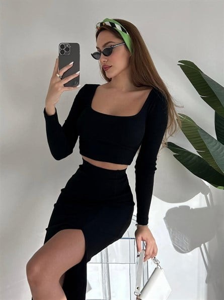 Kare Yaka Fitilli İkili Crop Takım Siyah