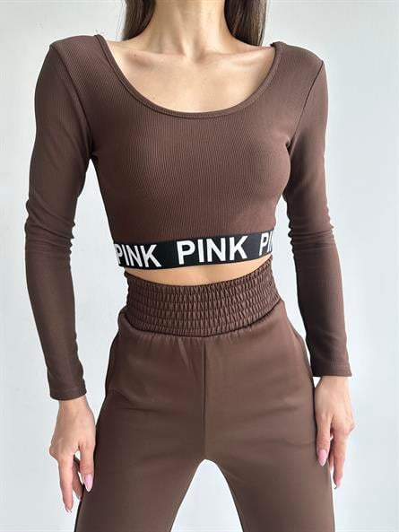 Geniş Yaka Fitilli Crop Bluz Kahverengi