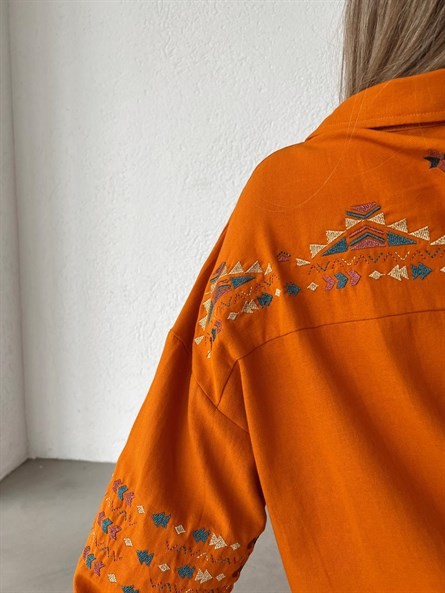 Etnik Nakışlı Oversize Gömlek Turuncu