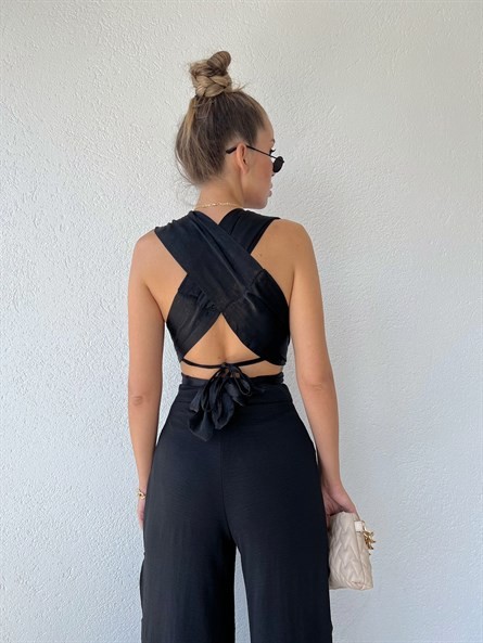 Bağlamalı Saten Crop Siyah