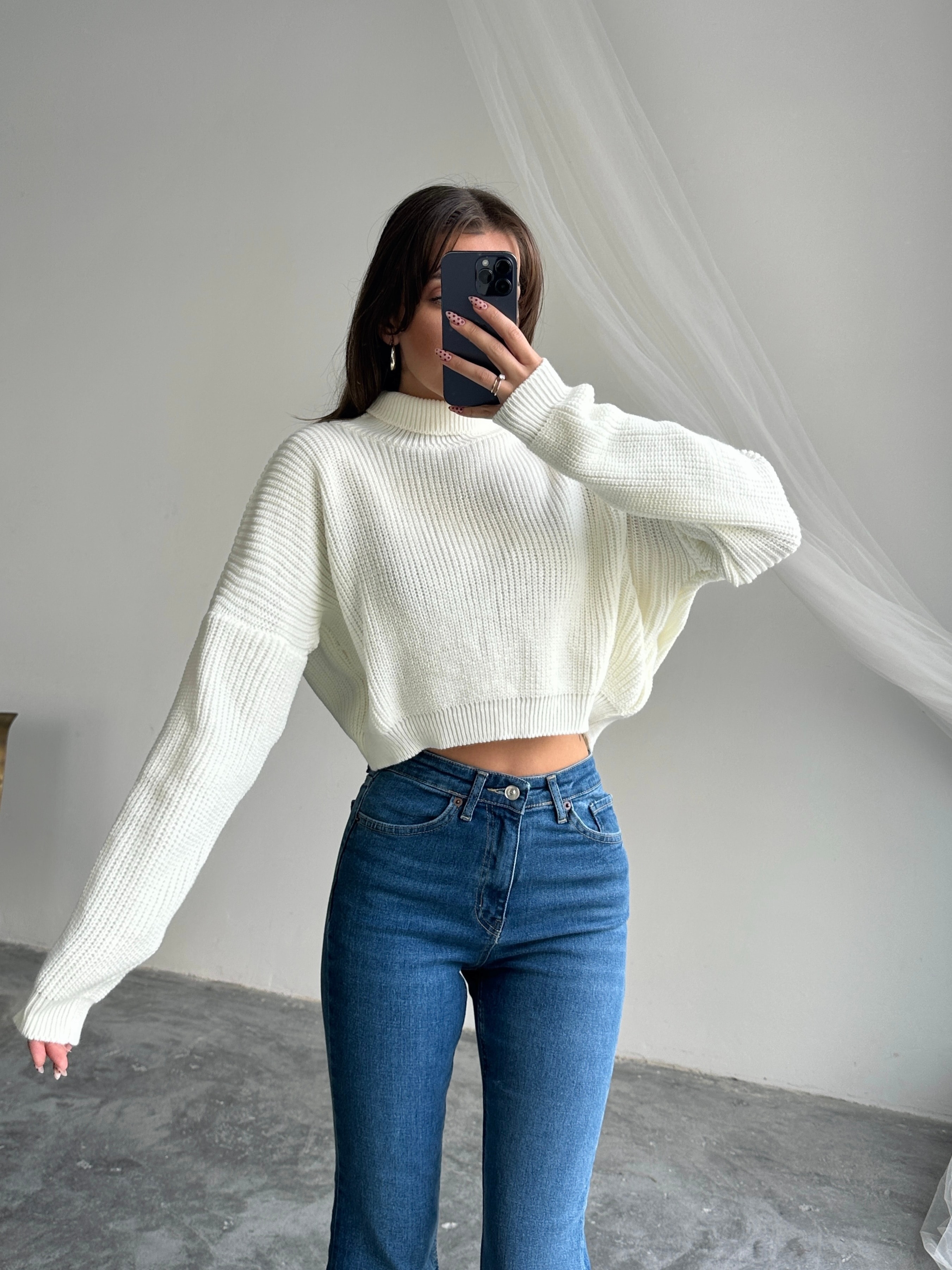 Boğazlı Crop Kazak - Ekru