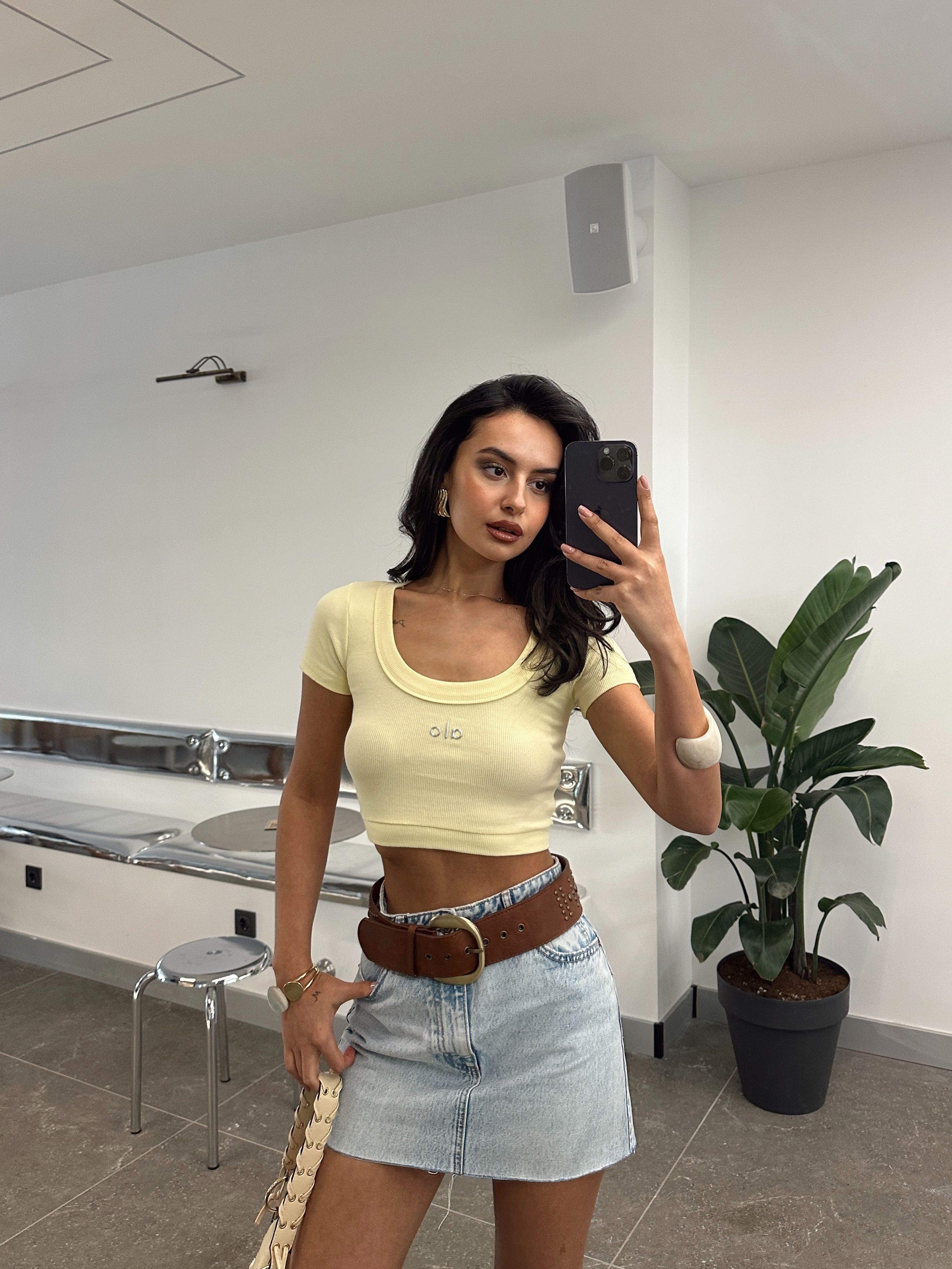 Geniş Yaka Baskılı Crop - Sarı