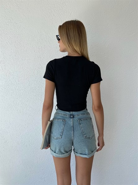 Transparan Korse Detay Basic Bluz Siyah