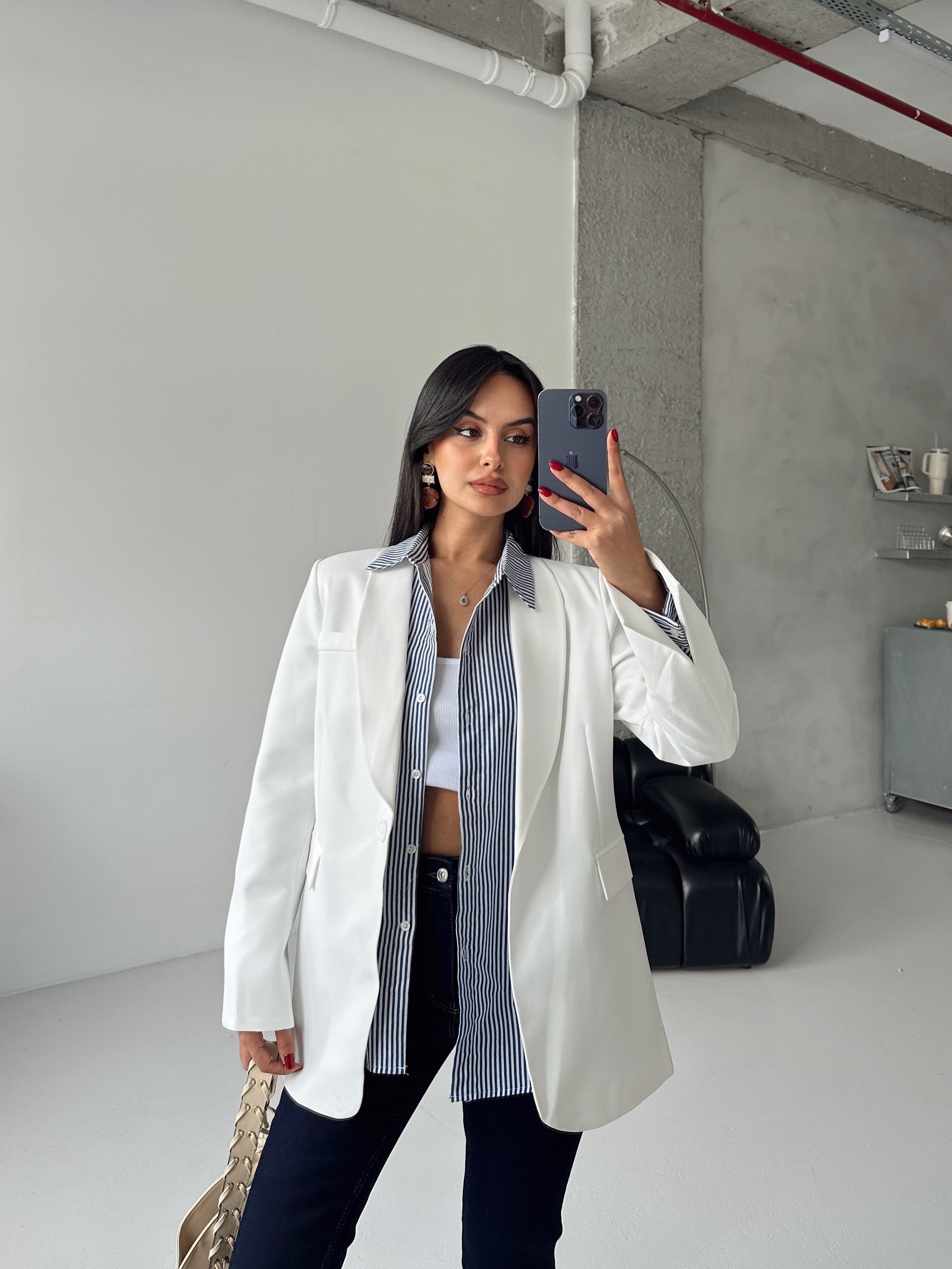 Kol Yırtmaç Blazer Ceket Beyaz