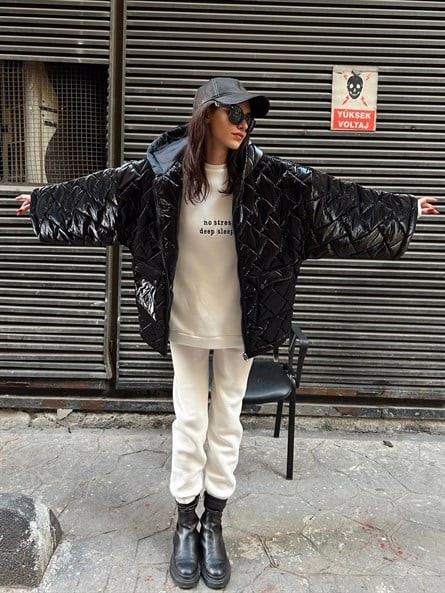 Shine Kapüşonlu Oversize Mont Siyah