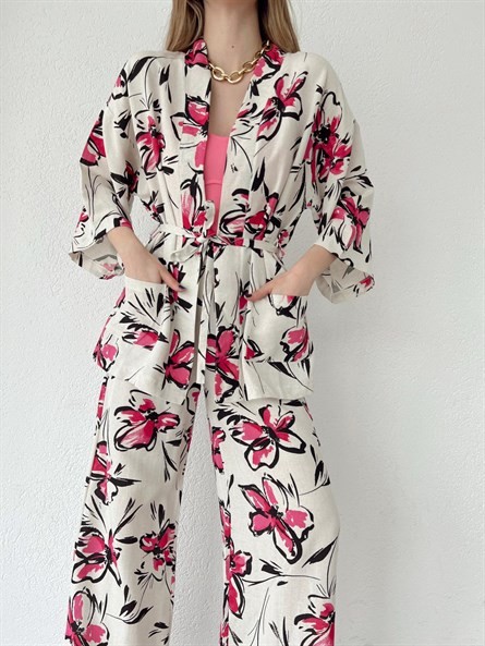 Flora Keten Bağlamalı Kimono Pembe