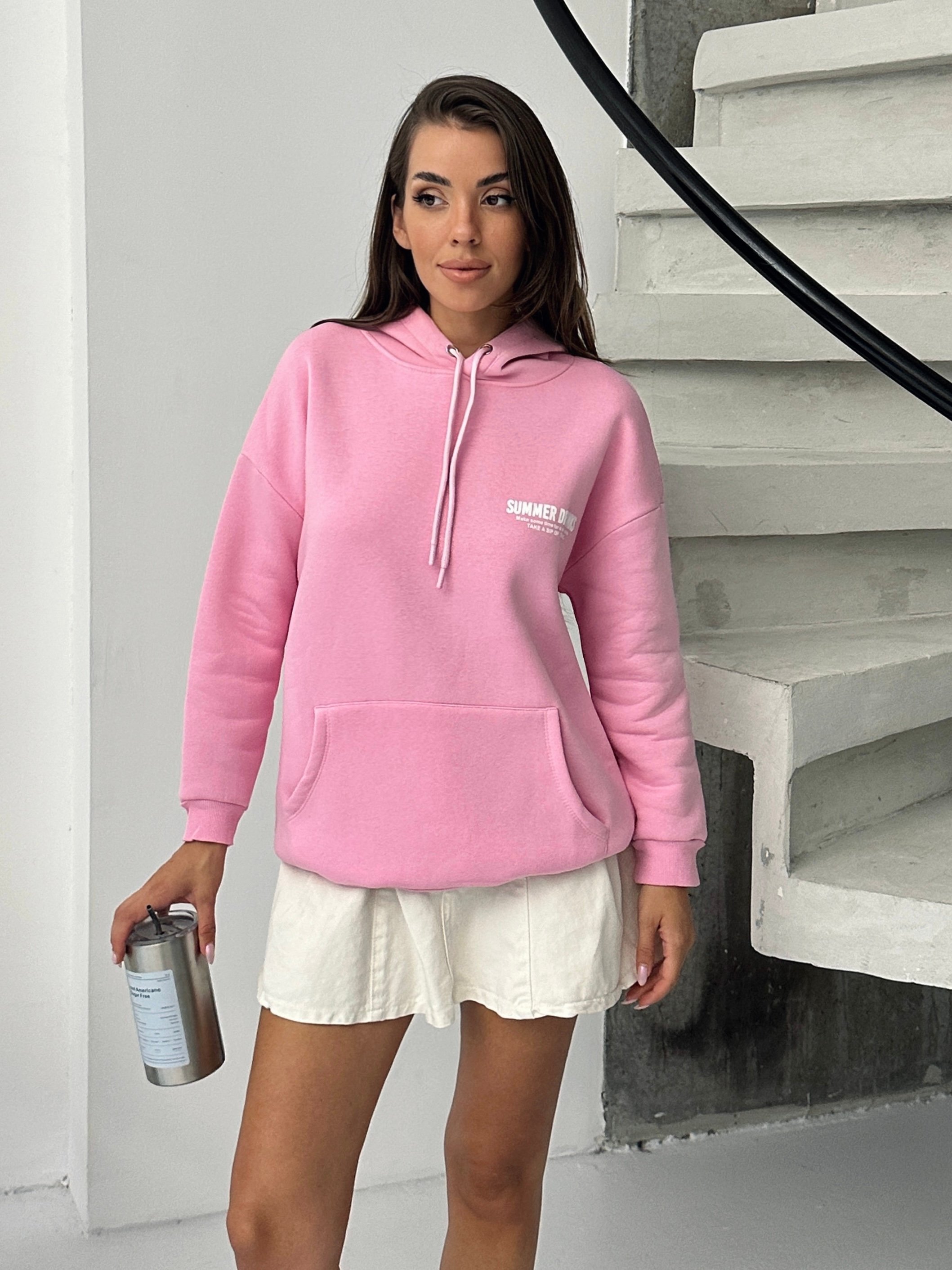 Baskılı Kapüşonlu Oversize Sweat - Pembe