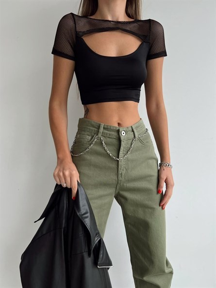 Pencere Detay Fileli Crop Siyah