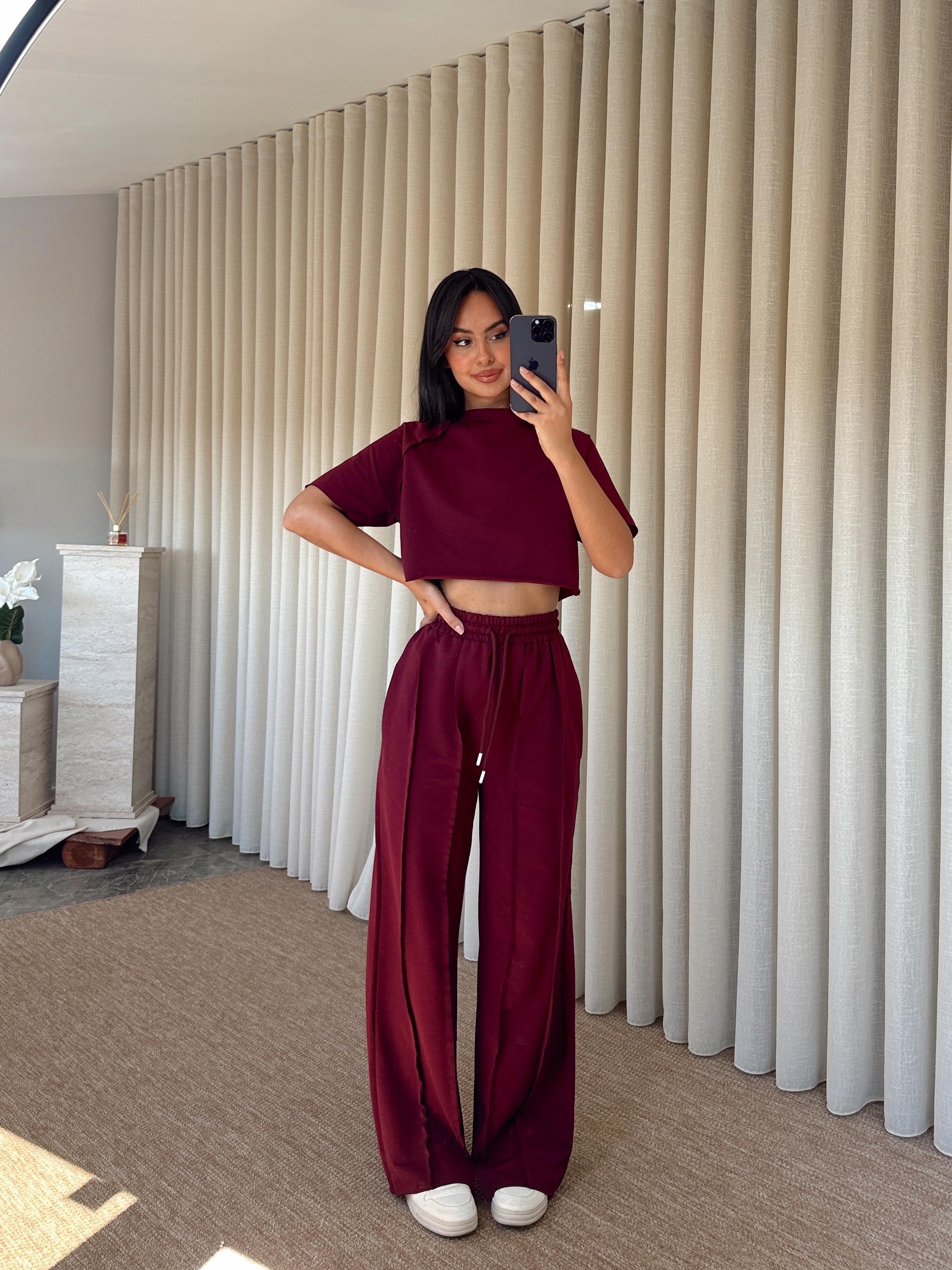 Ters Dikiş Detay Crop Takım - Bordo