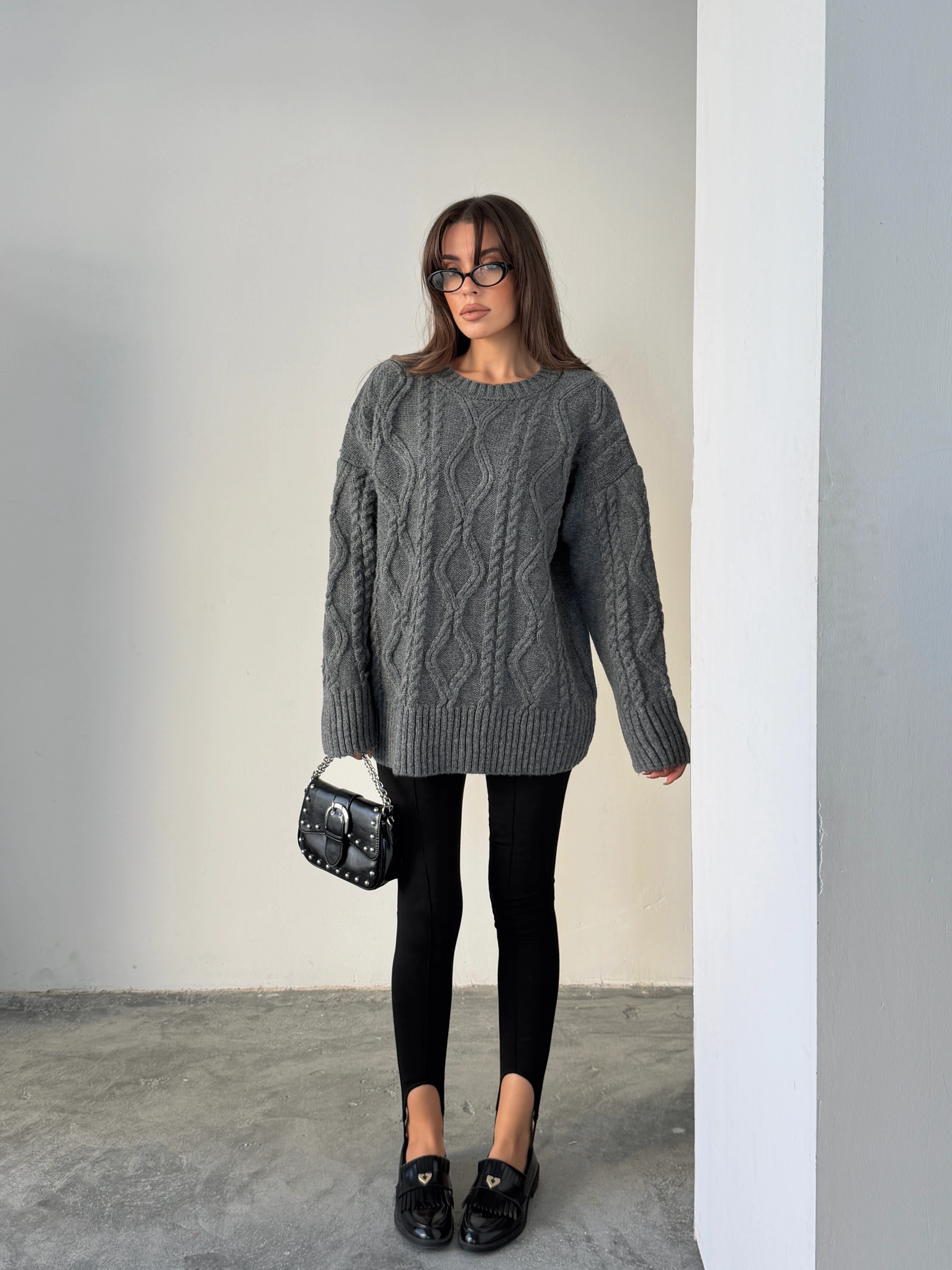 Saç Örgü Desenli Yıkamalı Triko - Antrasit