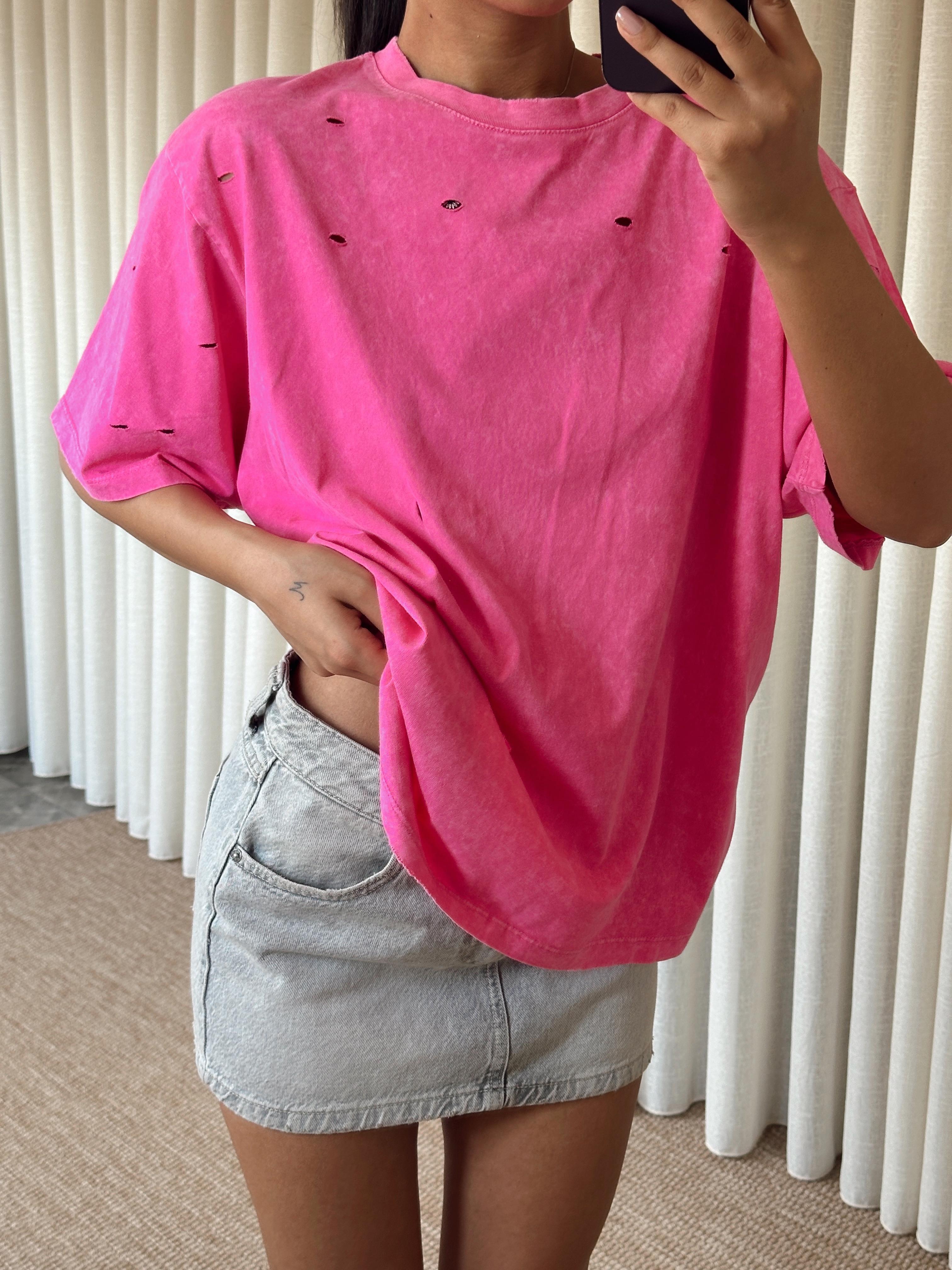 Delikli Yıkama T-shirt - Pembe