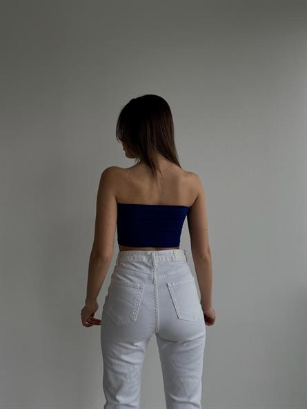 Cup Detay Balenli Straplez Crop Saks Mavi