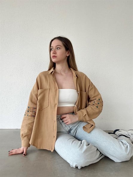 Etnik Nakışlı Oversize Gömlek Vizon