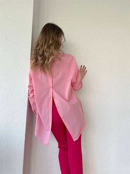 Sırt Düğme Detay Oversize Gömlek Pudra Pembe