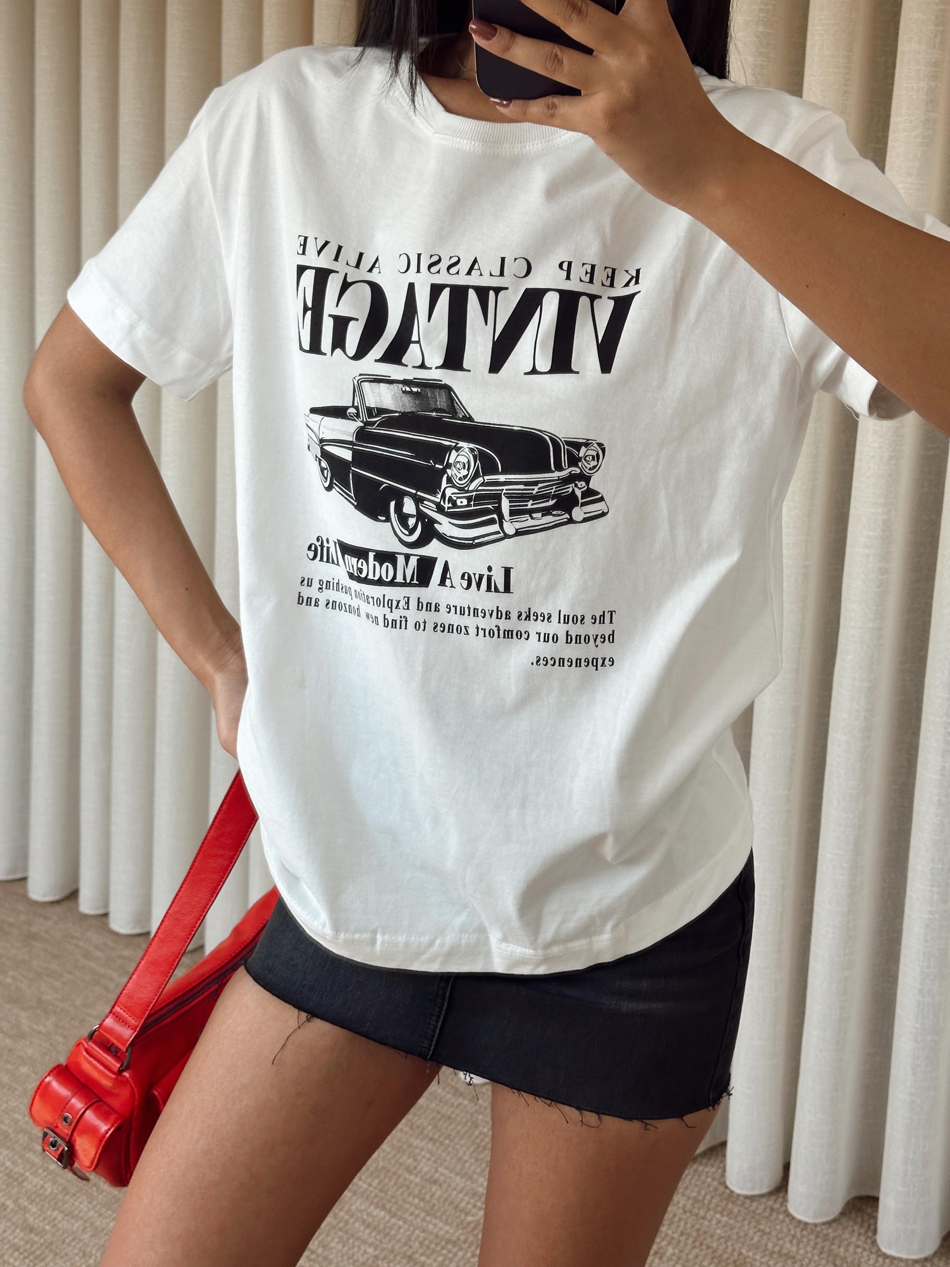 Vintage Car Baskı Basic - Beyaz