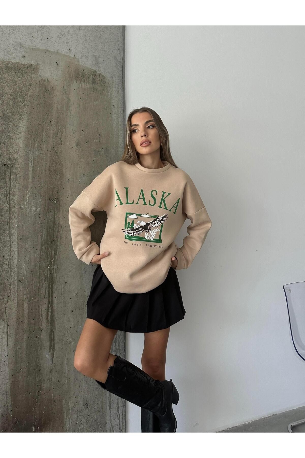 Alaska Üç İplik Şardonlu Oversize Sweat Vizon