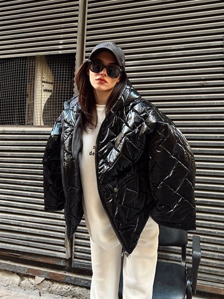 Shine Kapüşonlu Oversize Mont Siyah