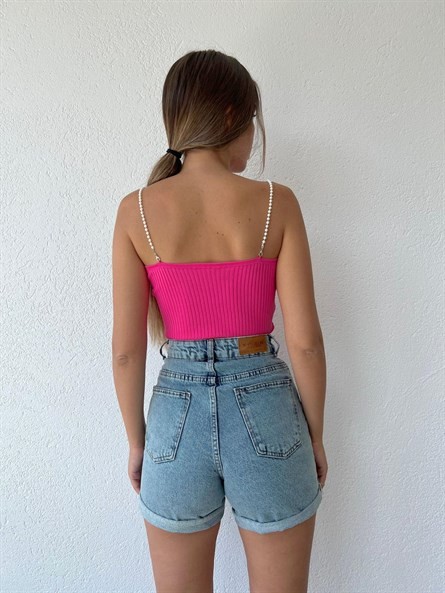 İnci Askı Triko Crop Fuşya