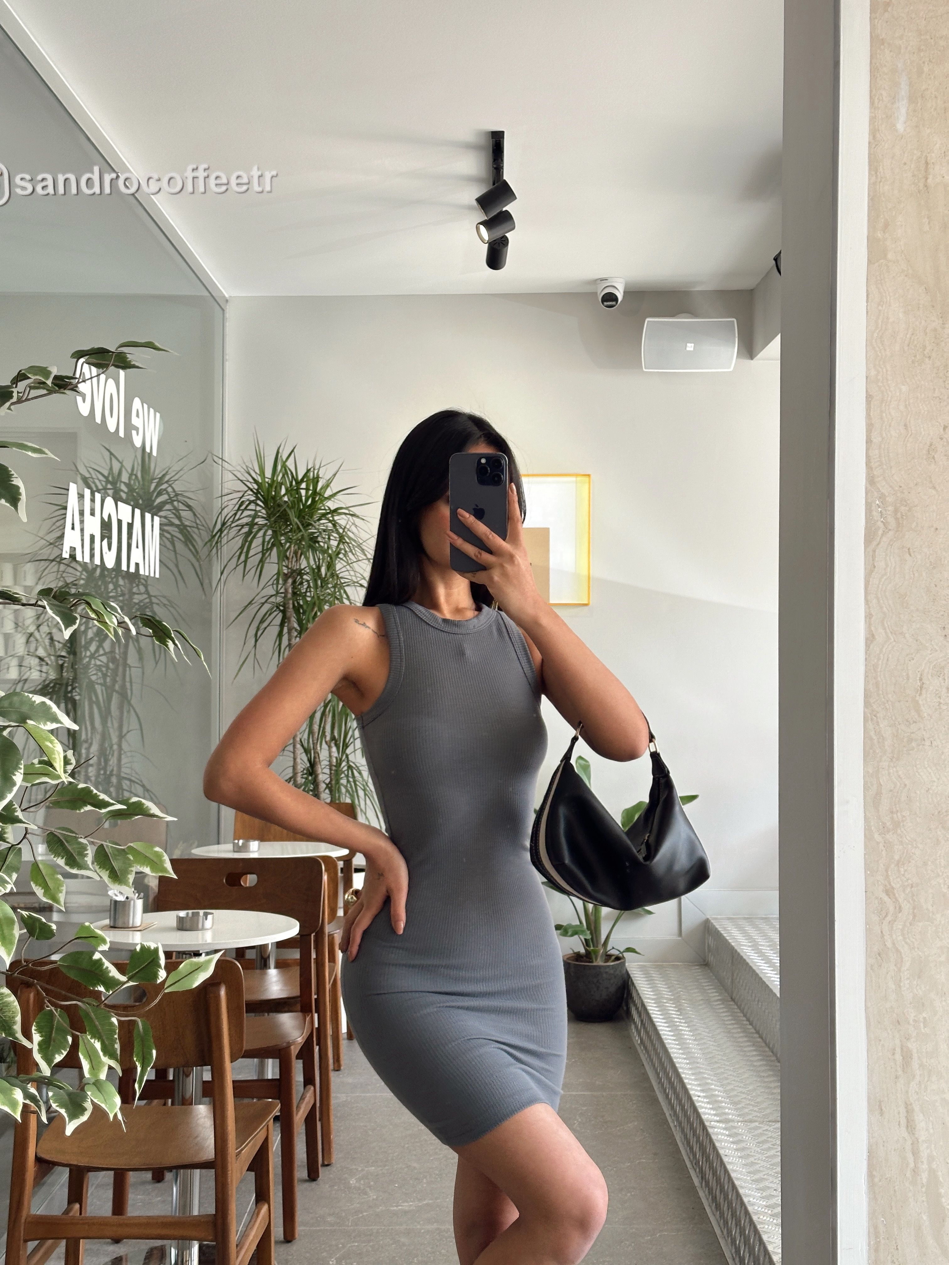 Halter Yaka Fitilli Elbise Füme
