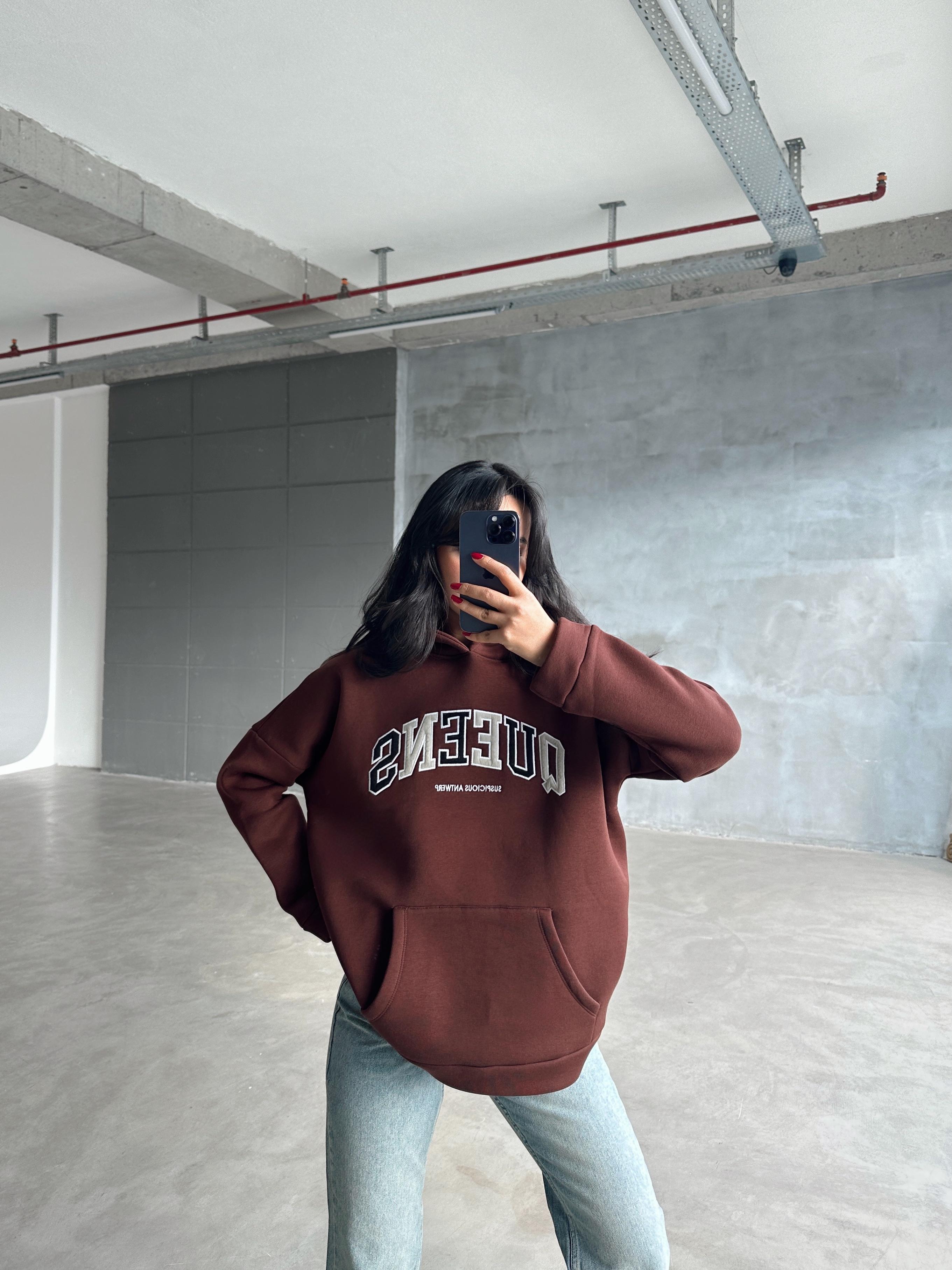 Queens Üç İplik Kapüşonlu Oversize Sweat Kahverengi