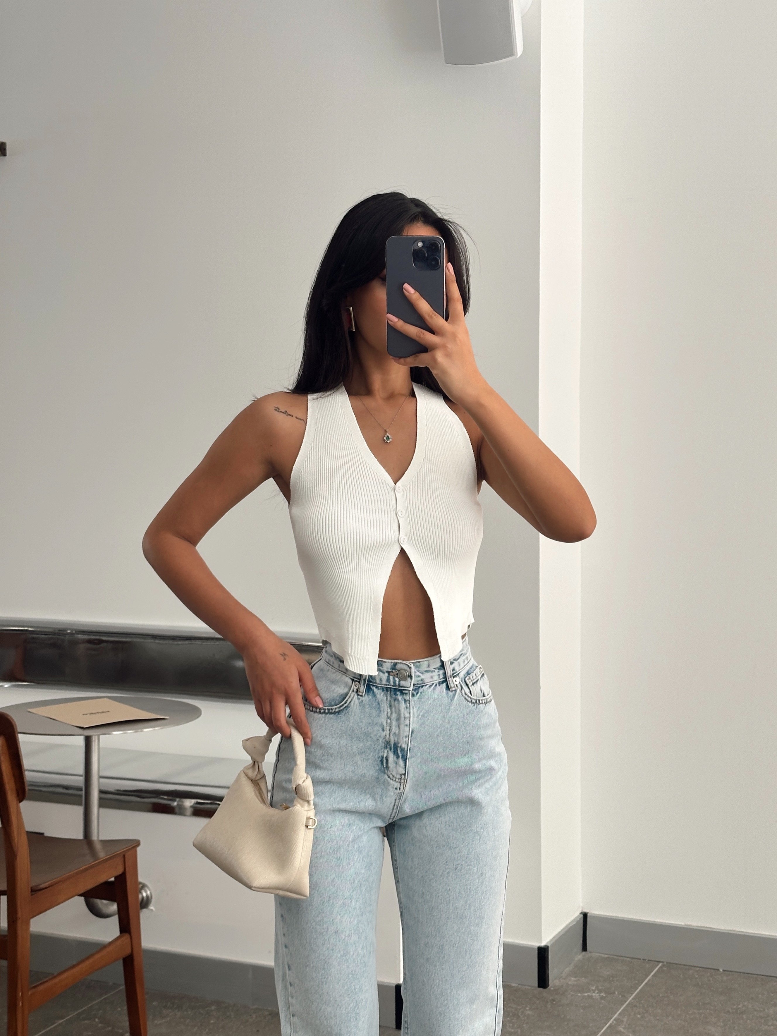 Düğmeli Crop Yelek - Ekru