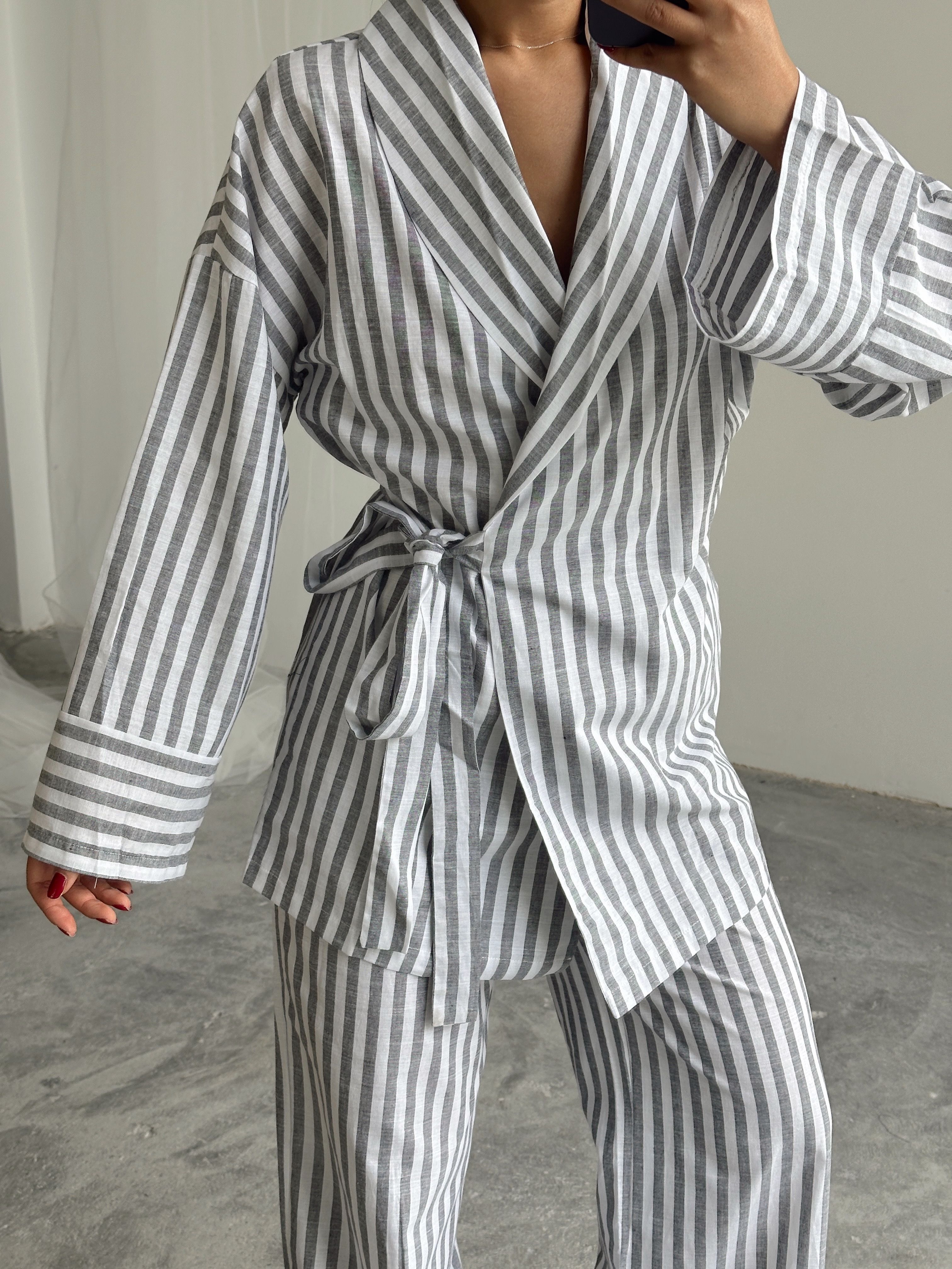 Çizgili Kimono Takım  - Gri