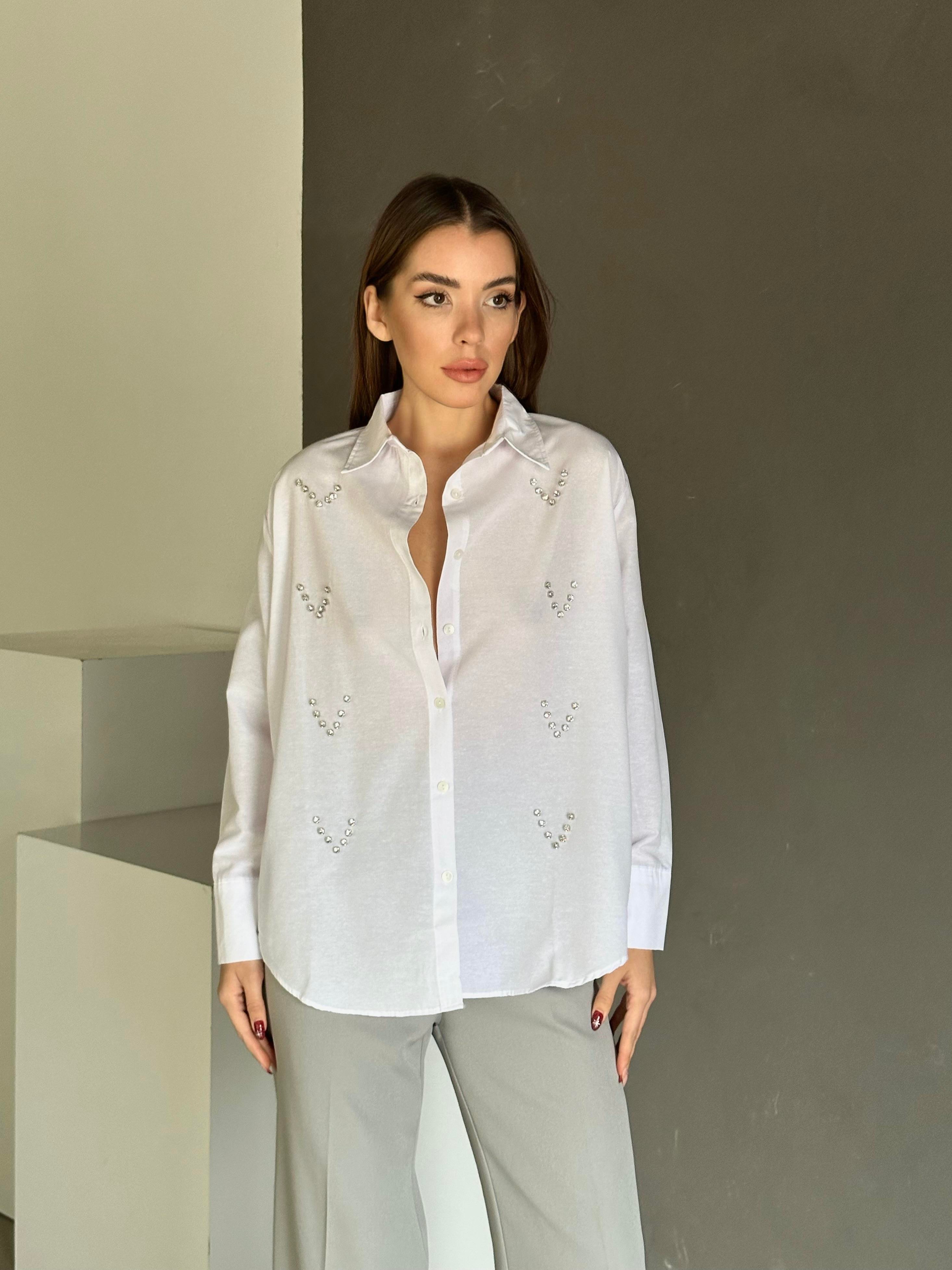 Taşlı Shimmer Gomlek Beyaz