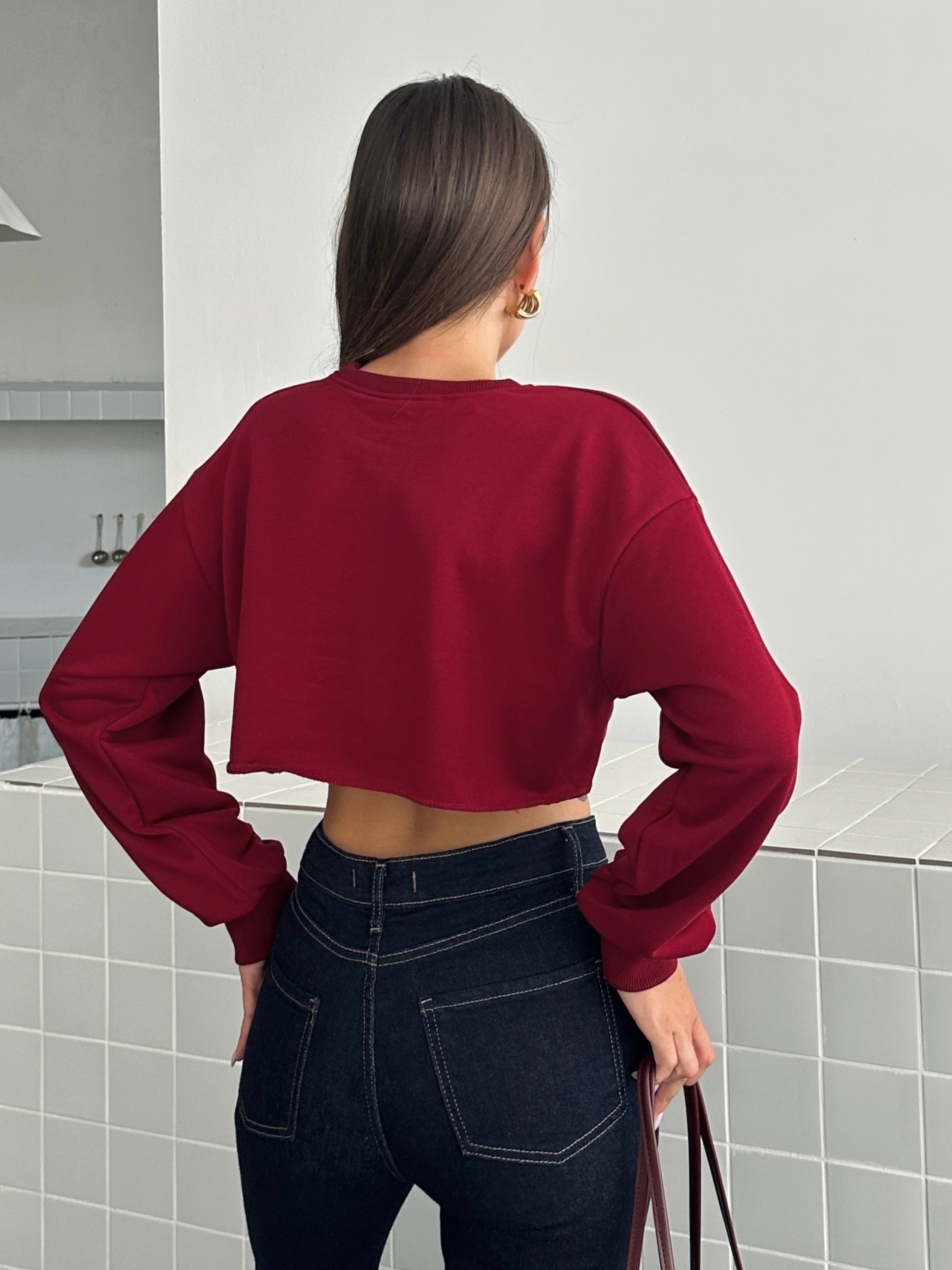 Dikişsiz Crop Sweat - Bordo