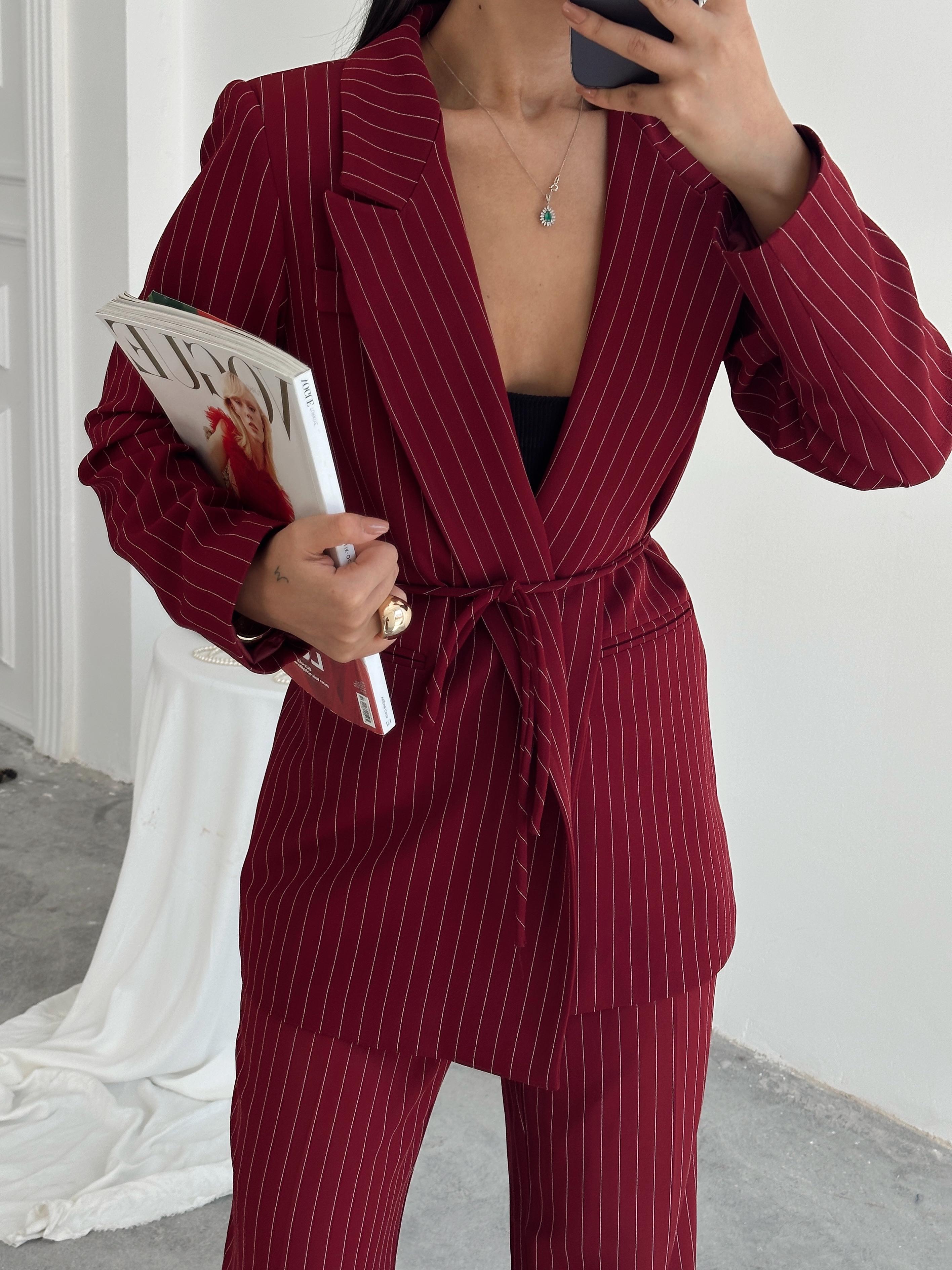 Bel Bağlama Line Blazer Ceket - Bordo