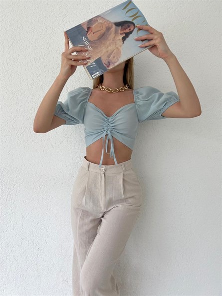 Karpuz Kol Büzgülü Keten Bluz Bebe Mavi