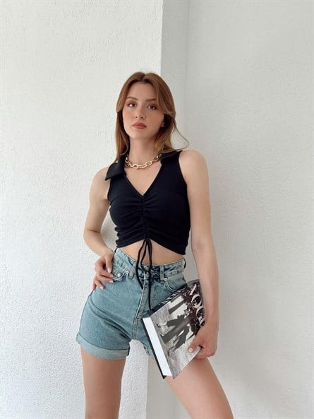 Polo Yaka Ön Büzgü Crop Siyah