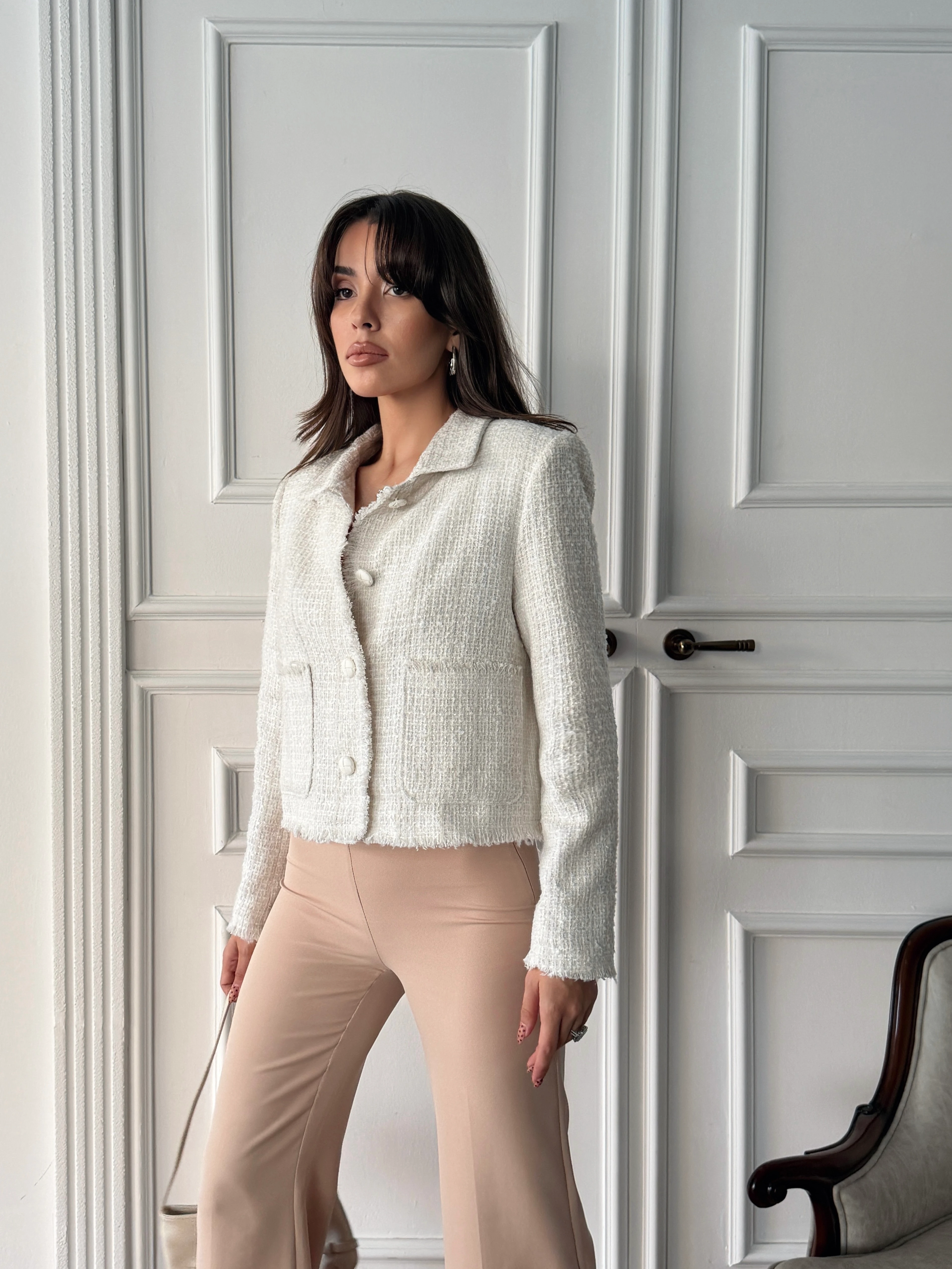 Püskül Detay Tüvit Ceket - Ekru